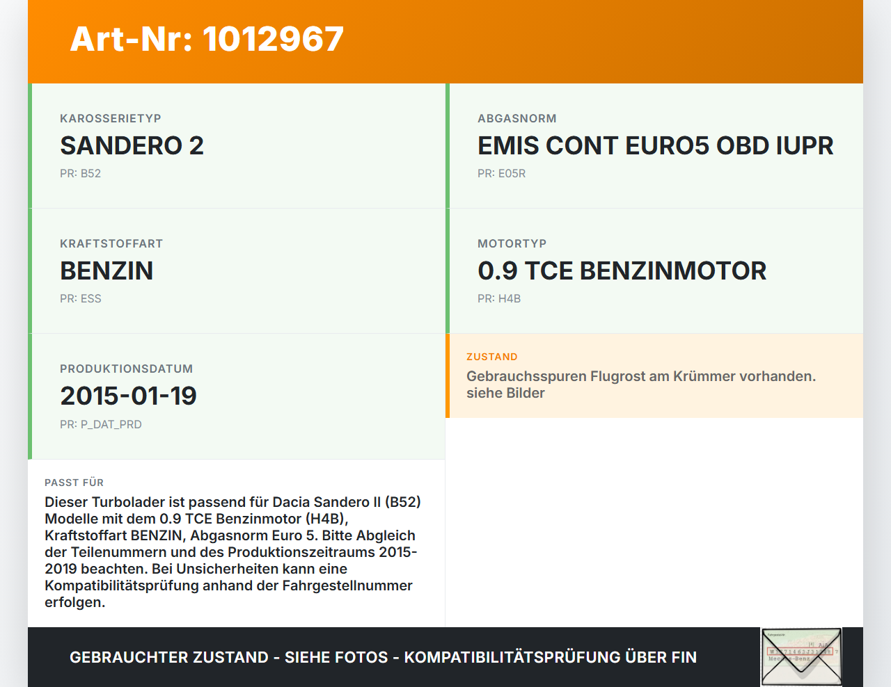 Dacia Sandero II B52 15-19 TCE 0,9 66KW H4B Turbolader Turbo Abgasturbolader Dacia Sandero II B52 15-19 04.03.2015... Vorschau 3