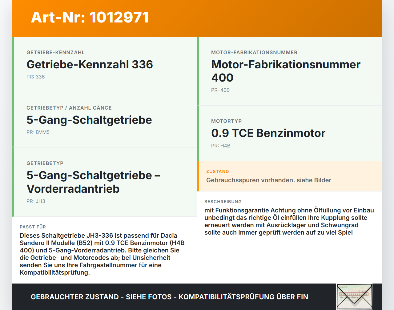 Dacia Sandero II B52 15-19 TCE 0,9 66KW JH3 Schaltgetriebe Getriebe JH3-336 Dacia Sandero II B52 15-19 04.03.2015... Vorschau 3