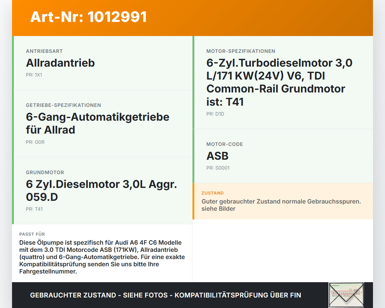 Audi A6 4F C6 qu 04-08 TDI 3,0 171KW ASB Ölpumpe Audi A6 4F C6 qu 04-08 05.04.2006 059115105AG 059115105AD gebraucht Vorschau 3