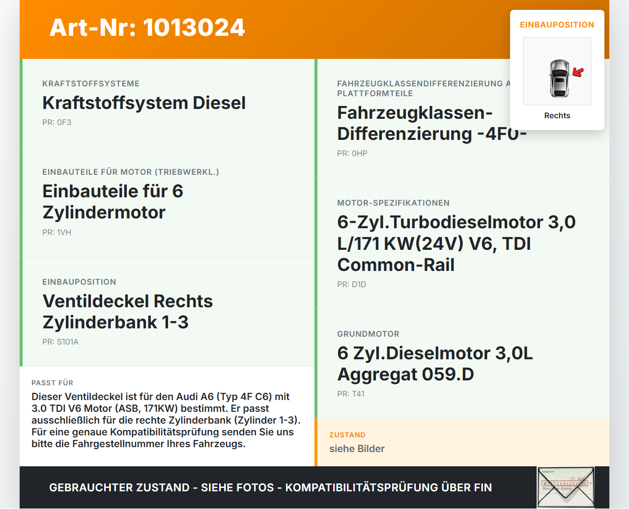 Audi A6 4F C6 qu 04-08 TDI 3,0 171KW ASB Ventildeckel Rechts 1-3 Audi A6 4F C6 qu 04-08 05.04.2006 059103470R gebraucht Vorschau 3