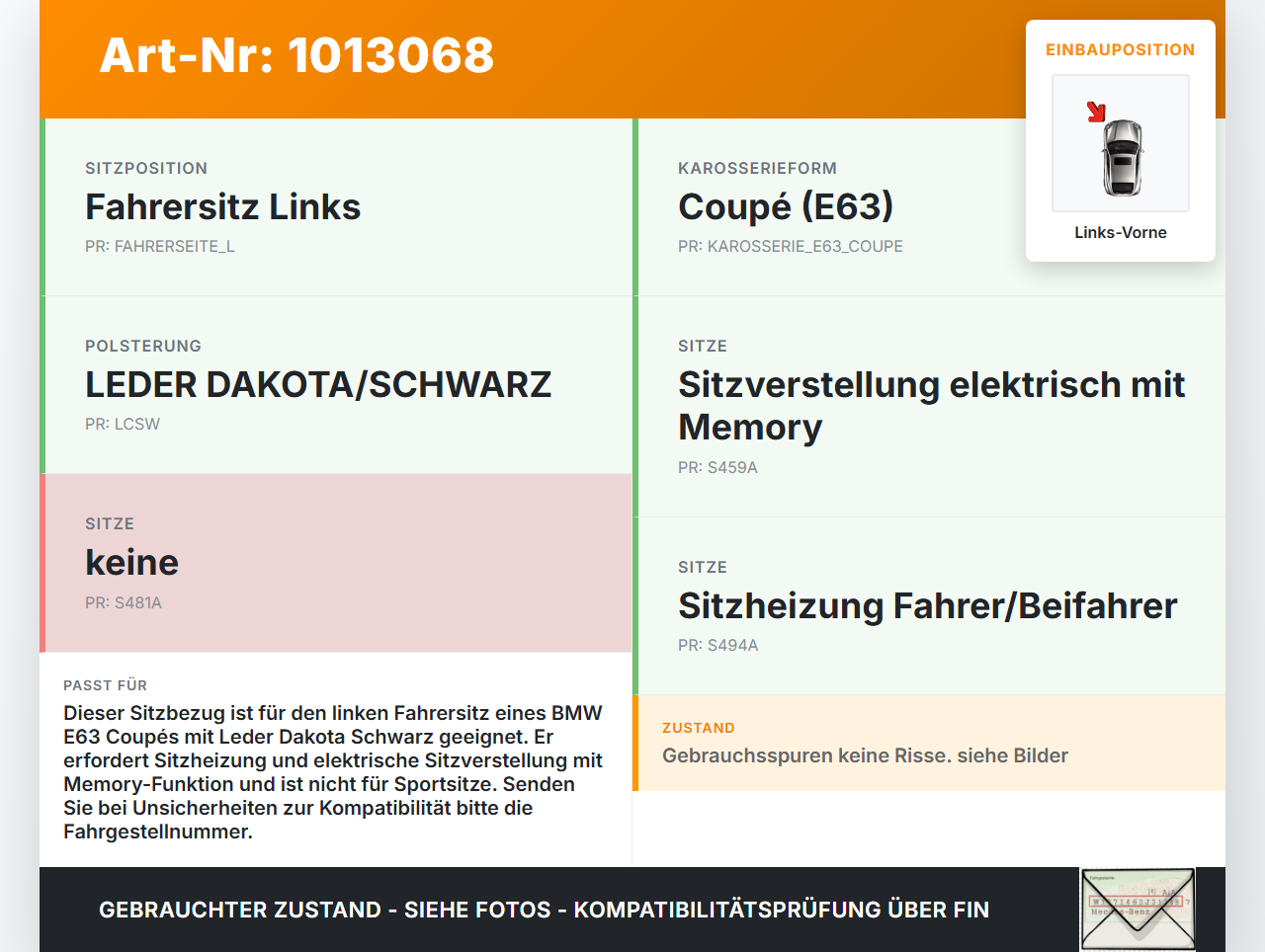 BMW E63 6er 650i 07-10 Coupe Sitzbezug Sitzpolster für Fahrersitz Sitz Links Vorne beheizt BMW E63 6er 650i 07-10... Vorschau 3
