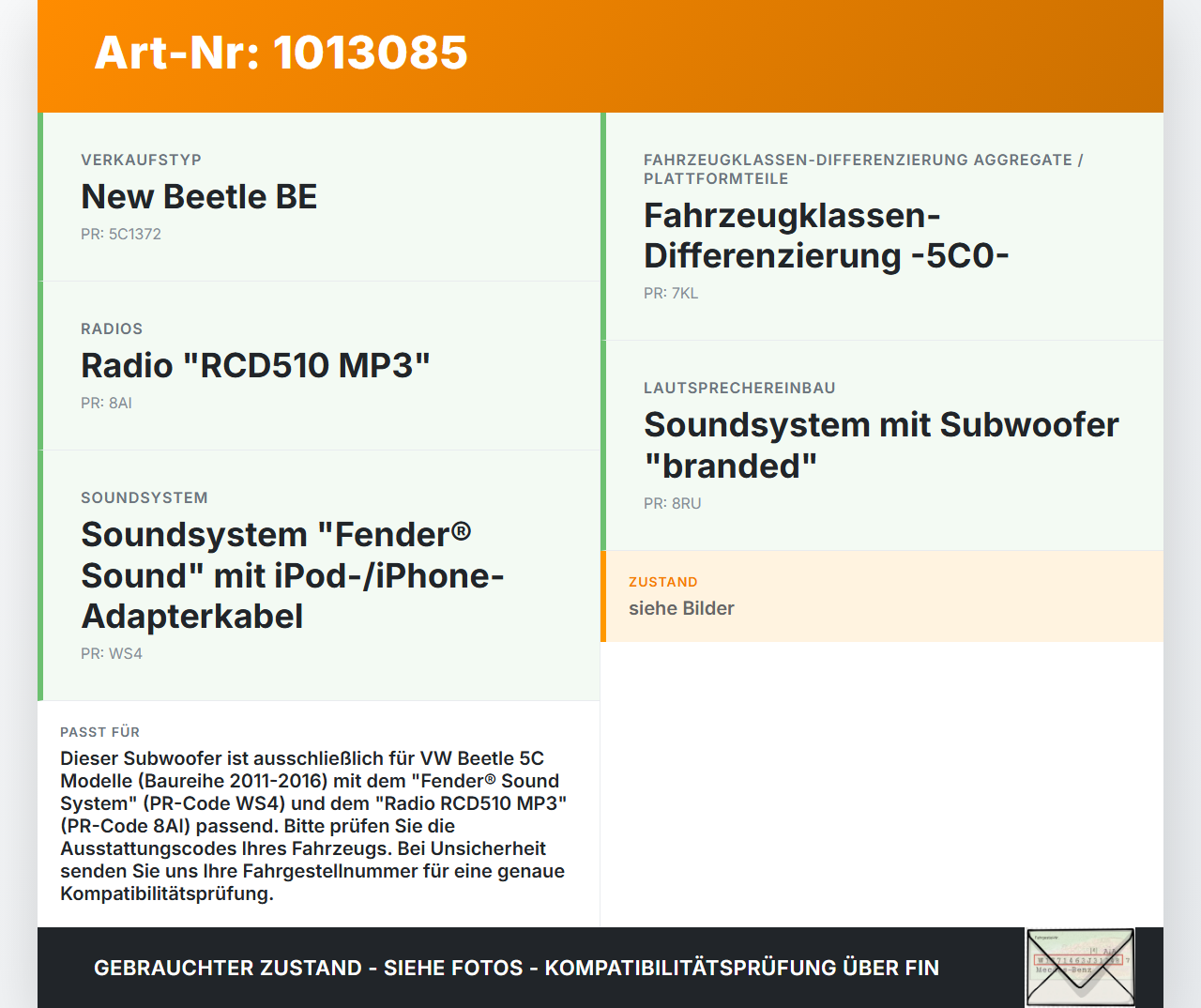 VW Beetle 5C 11-16 Fender Bassman Subwoofer Lautsprecher Bassbox VW Beetle 5C 11-16 12.02.2015 5C5035591 gebraucht Vorschau 3