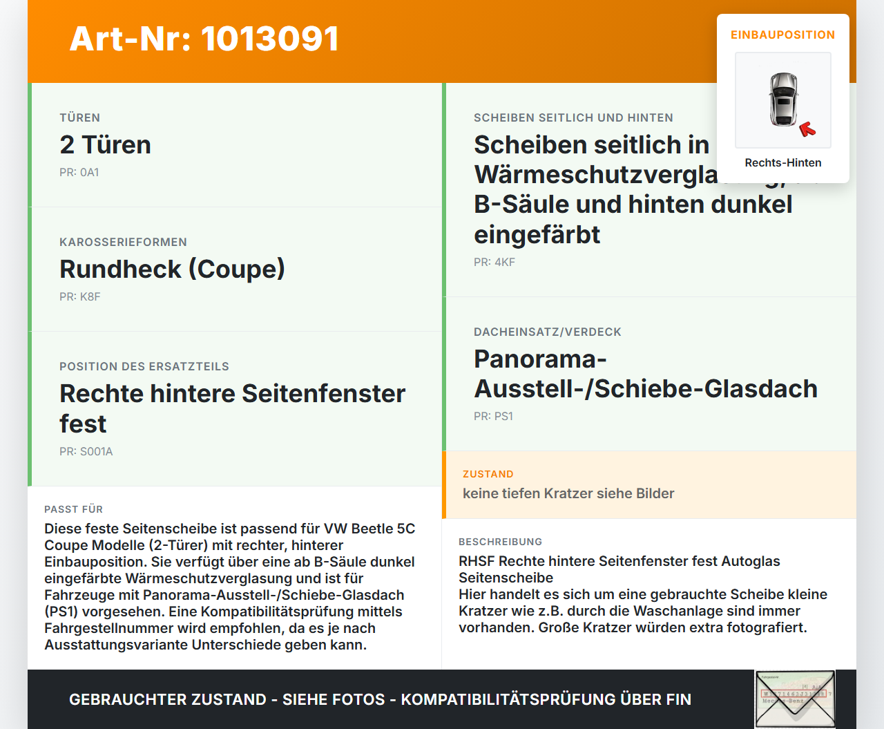 VW Beetle 5C 11-16 Coupe Seitenscheibe Feste Scheibe Rechts Hinten VW Beetle 5C 11-16 12.02.2015 5C5845042Q gebraucht Vorschau 3