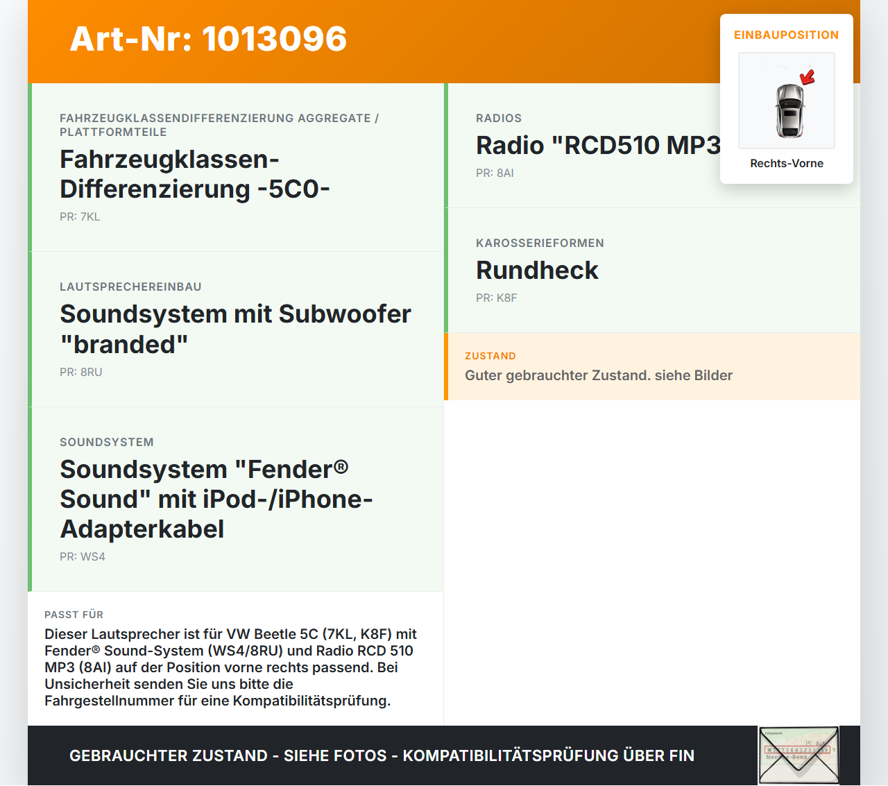VW Beetle 5C 11-16 Fender Premium Audio Stratocaster Lautsprecher Rechts Vorne VW Beetle 5C 11-16 12.02.2015... Vorschau 3