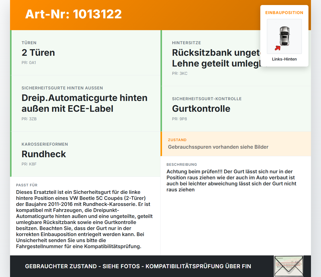 VW Beetle 5C 11-16 Coupe Gurt Sicherheitsgurt Links Hinten VW Beetle 5C 11-16 12.02.2015 5C5857805E 6192467F1D... Vorschau 3