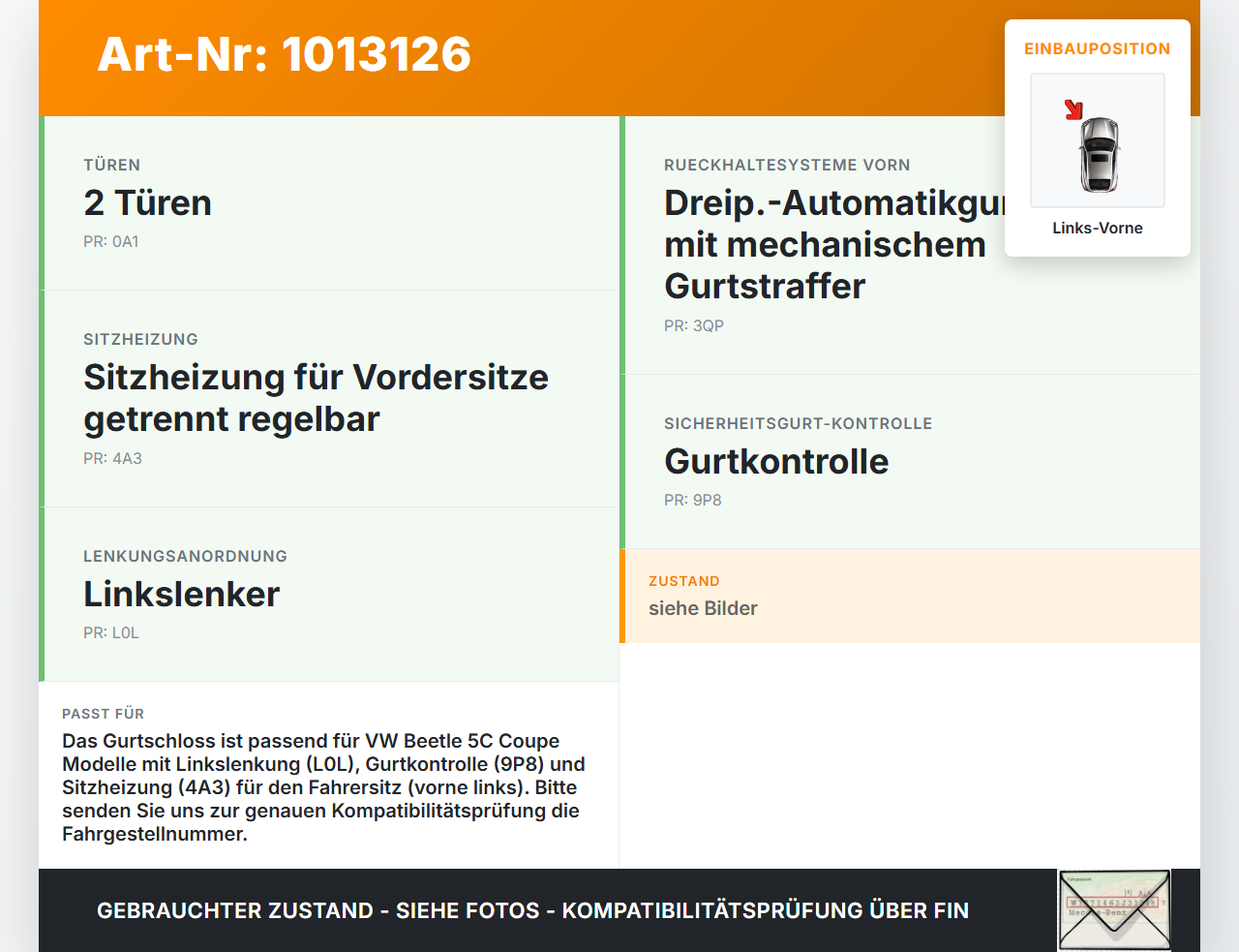 VW Beetle 5C 11-16 Coupe Gurtschloss Links Vorne VW Beetle 5C 11-16 12.02.2015 5C5857755B 5C7857755C gebraucht Vorschau 3