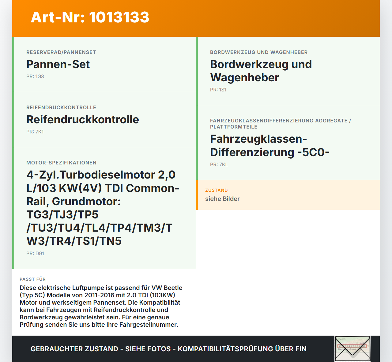 VW Beetle 5C 11-16 TDI 2,0 103KW Elektrische Luftpumpe Luft Kompressor Pannenset VW Beetle 5C 11-16 12.02.2015... Vorschau 3
