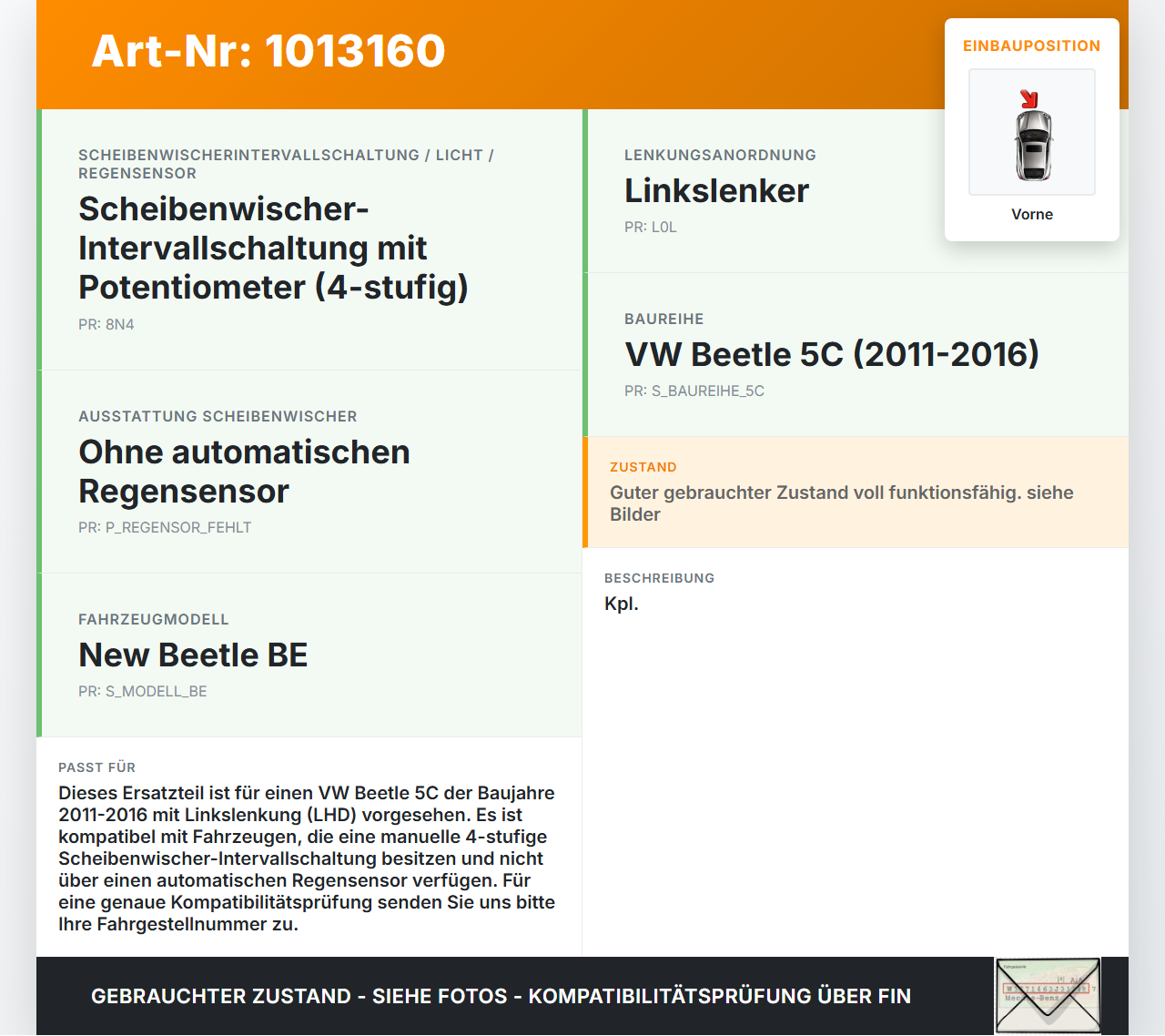 VW Beetle 5C 11-16 Wischermotor mit Wischergestänge Vorne VW Beetle 5C 11-16 12.02.2015 561955119A 6004FA0019... Vorschau 3