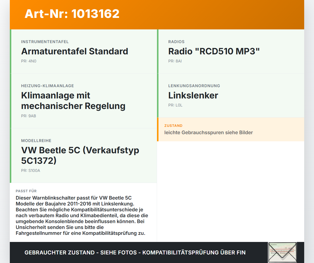 VW Beetle 5C 11-16 Warnblinkschalter Schalter VW Beetle 5C 11-16 12.02.2015 5C5953509B gebraucht Vorschau 3