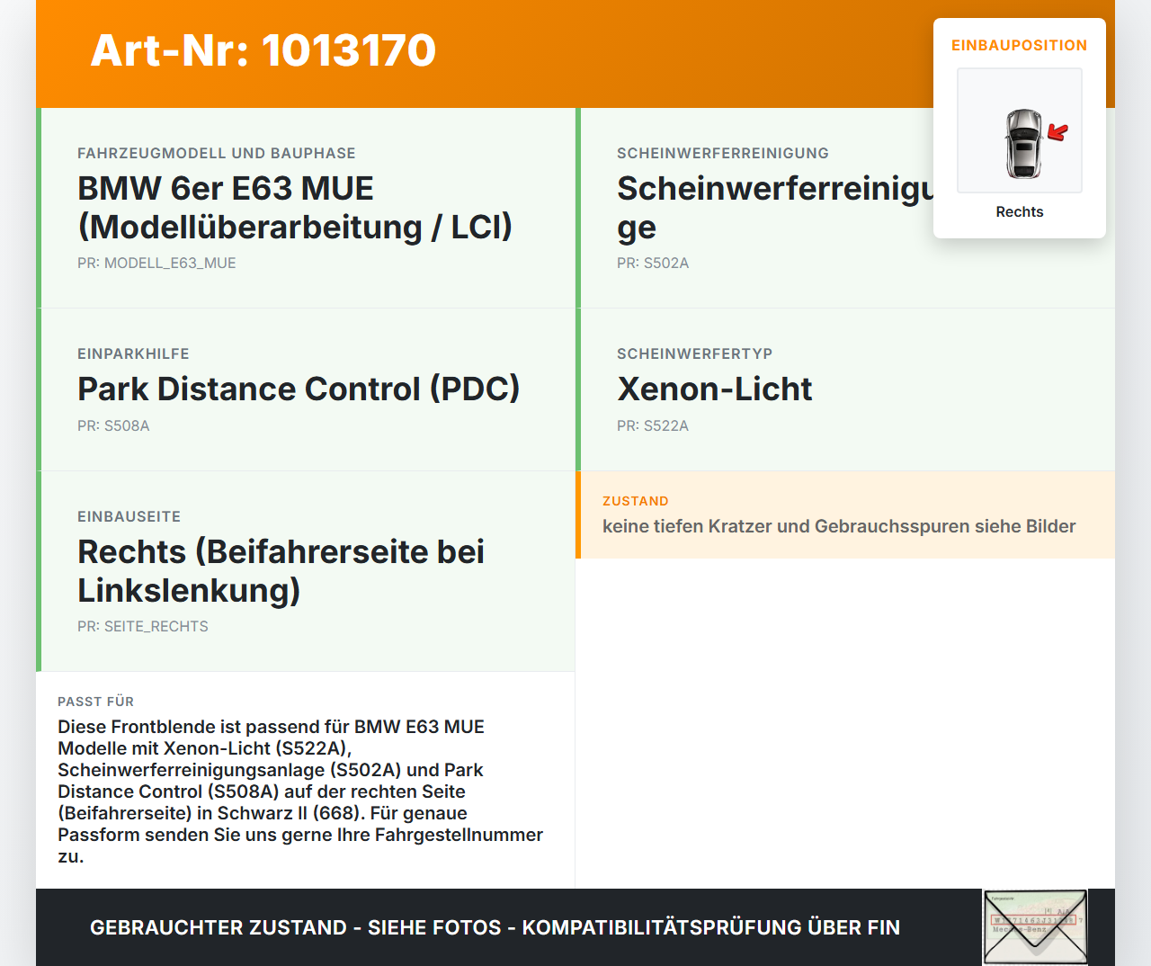 BMW E63 6er 650i 07-10 Frontblende Frontleiste Rechts BMW E63 6er 650i 07-10 08.02.2008 161882-00 gebraucht Vorschau 3