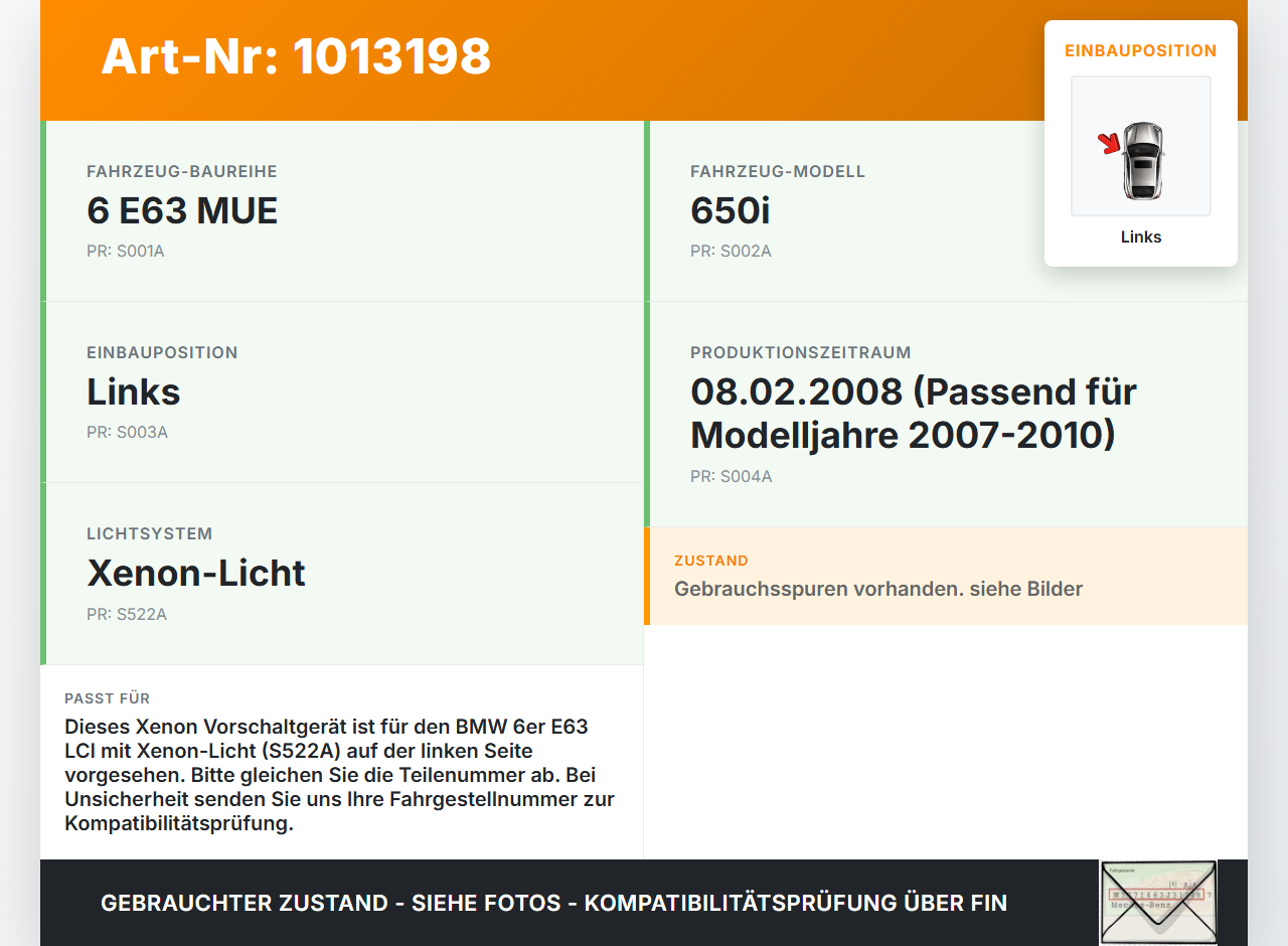 BMW E63 6er 650i 07-10 Xenon Vorschaltgerät Links BMW E63 6er 650i 07-10 08.02.2008 7182520 63117182520... Vorschau 3