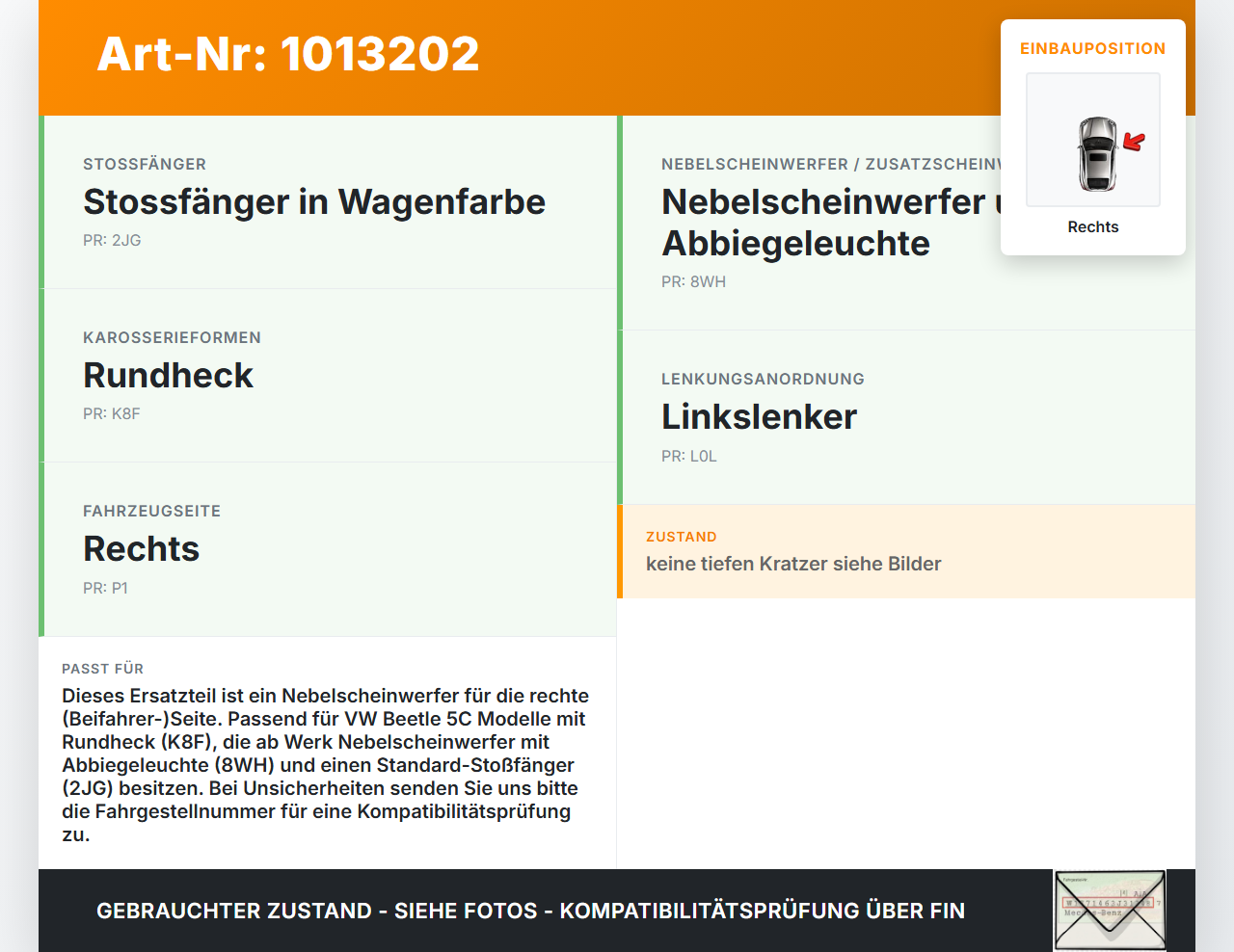VW Beetle 5C 11-16 Nebelscheinwerfer Rechts orig VW Beetle 5C 11-16 12.02.2015 5C5941700B gebraucht Vorschau 3