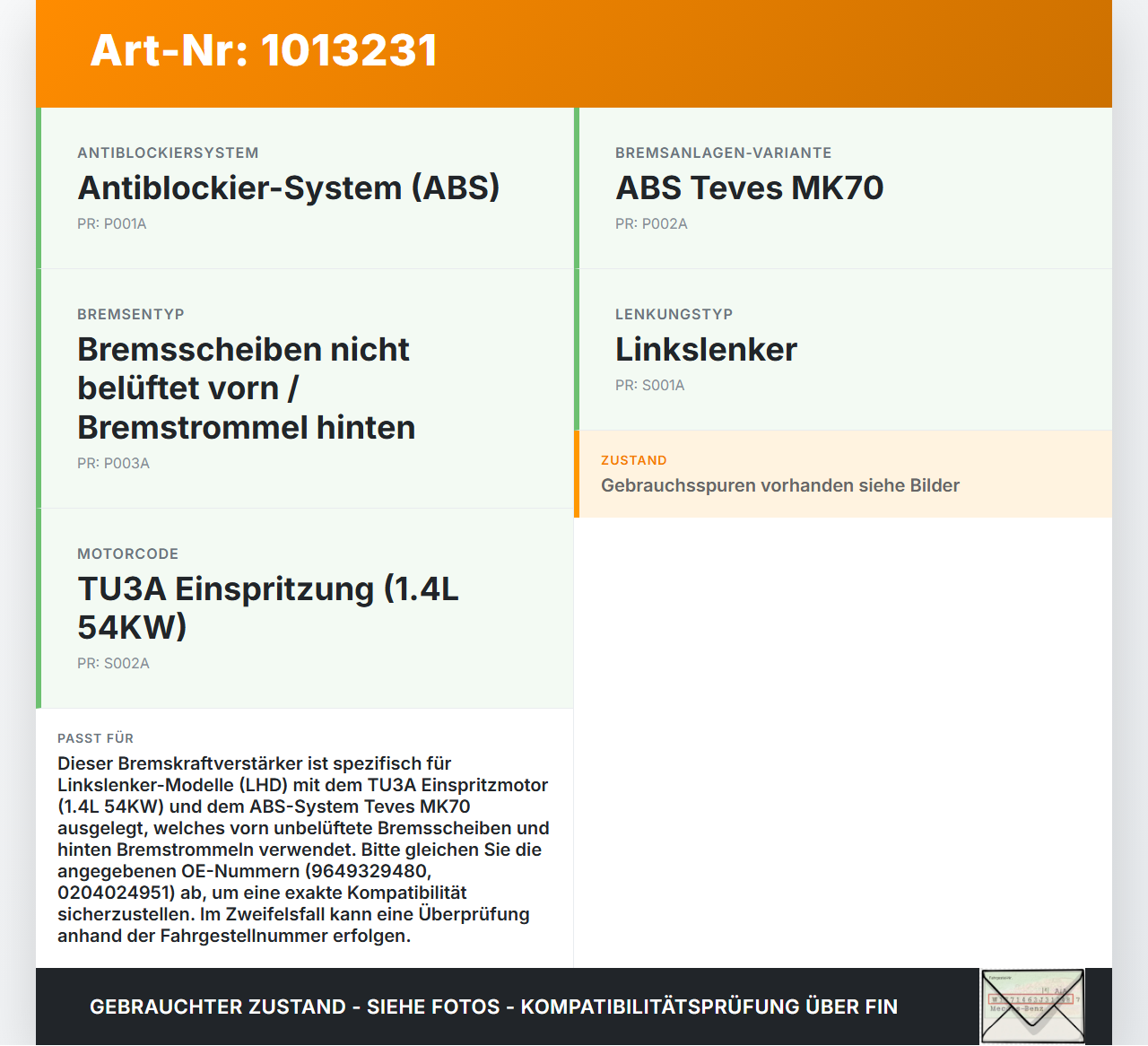Citroen C2 JM 05-08 1,4 54KW Bremskraftverstärker Citroen C2 JM 05-08 20.10.2006 9649329480 0204024951 gebraucht Vorschau 3
