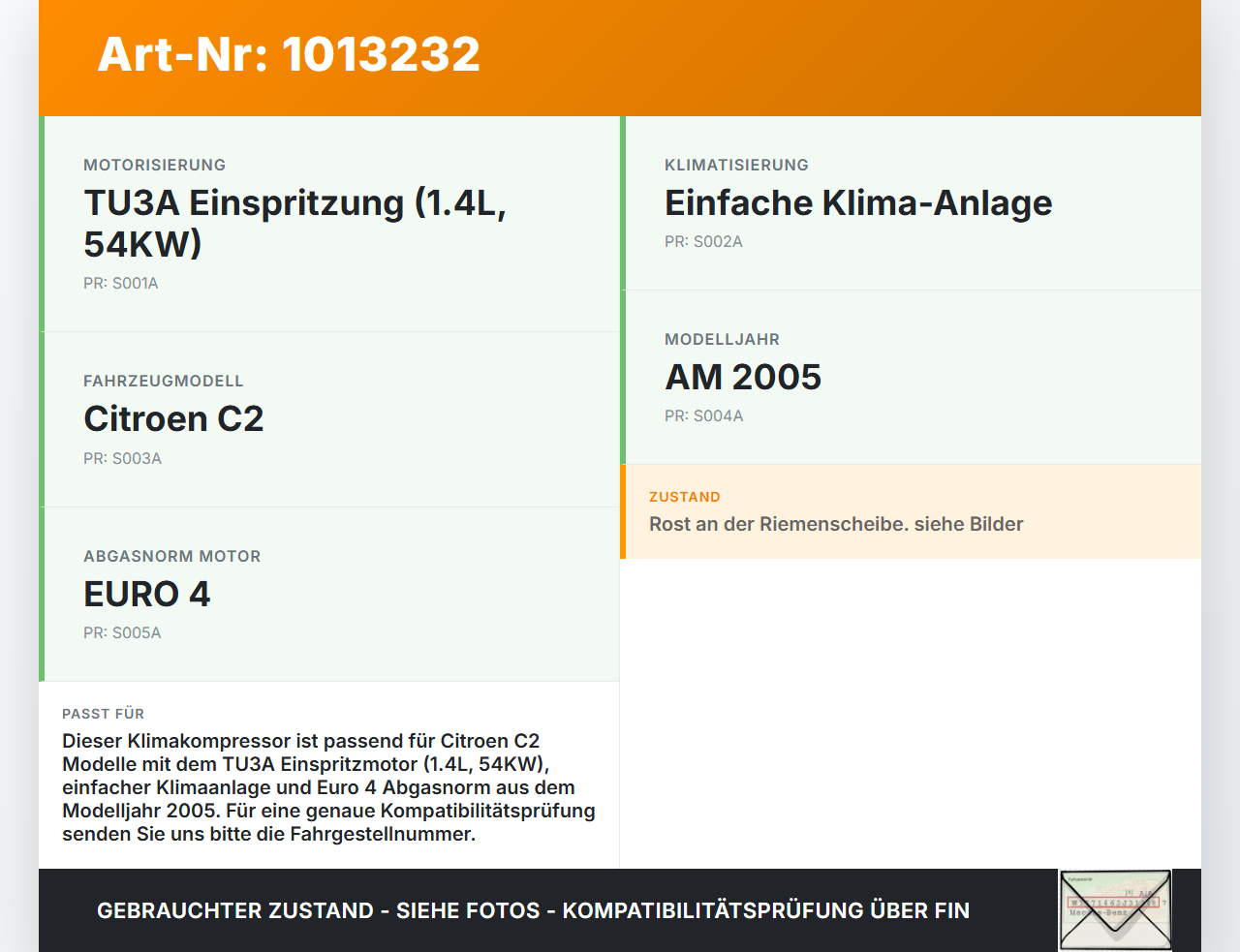 Citroen C2 JM 05-08 1,4 54KW Klimakompressor Klima Kompressor Citroen C2 JM 05-08 20.10.2006 6453QG 9655191680... Vorschau 3