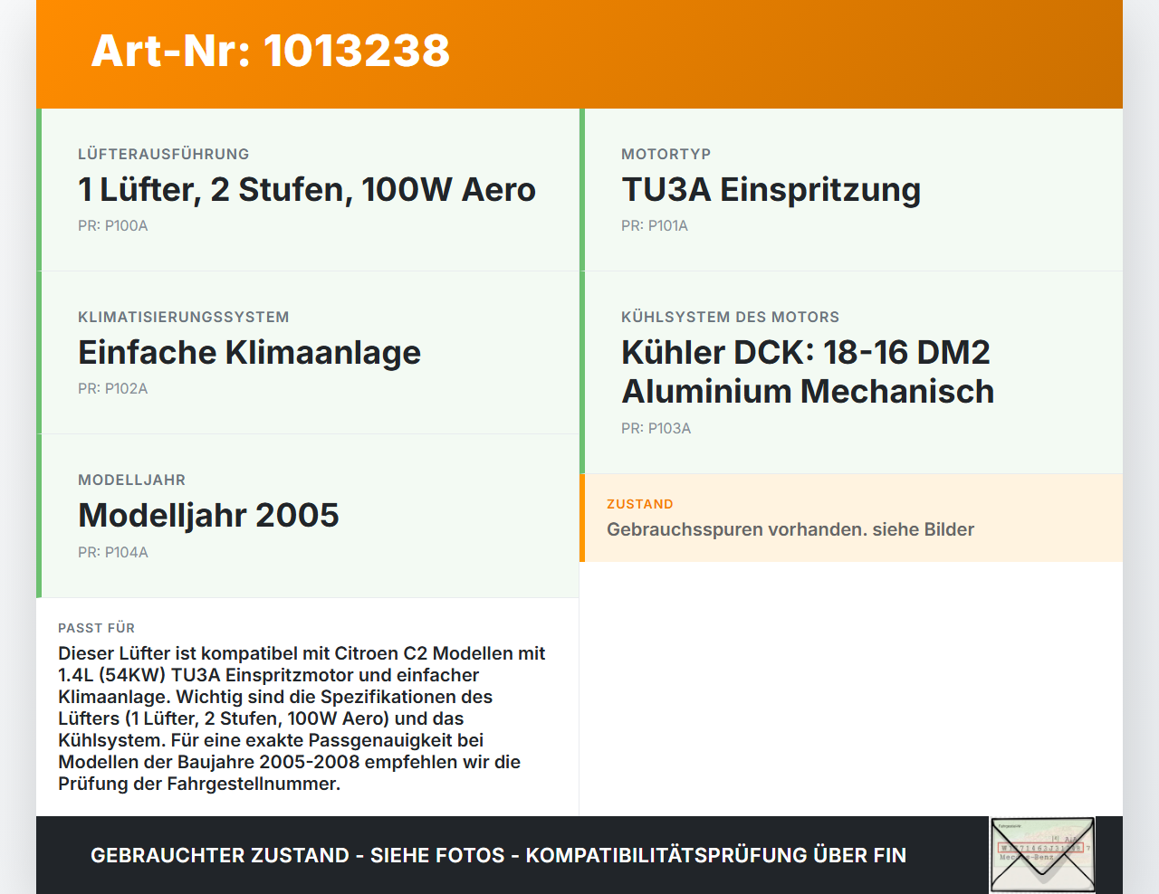 Citroen C2 JM 05-08 1,4 54KW Lüfter Ventilator f. Kühler Citroen C2 JM 05-08 20.10.2006 1253P8 986050728 gebraucht Vorschau 3
