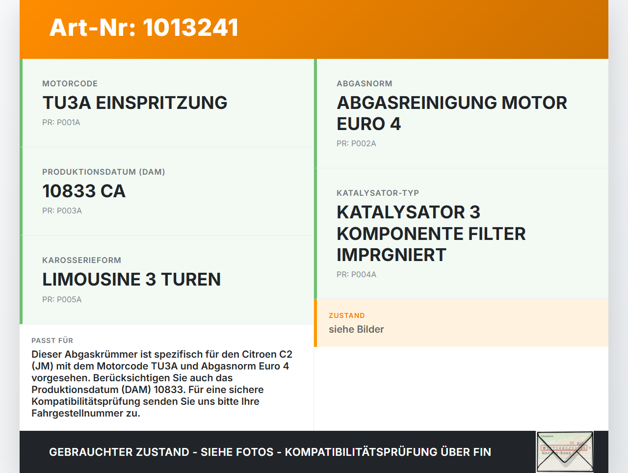 Citroen C2 JM 05-08 1,4 54KW TU3A KFV Abgaskrümmer Citroen C2 JM 05-08 20.10.2006 9661916480 0341F9 gebraucht Vorschau 3