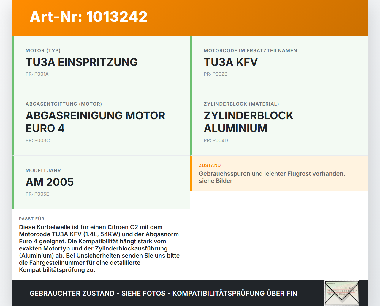 Citroen C2 JM 05-08 1,4 54KW TU3A KFV Kurbelwelle Citroen C2 JM 05-08 20.10.2006 0501J5 gebraucht Vorschau 3