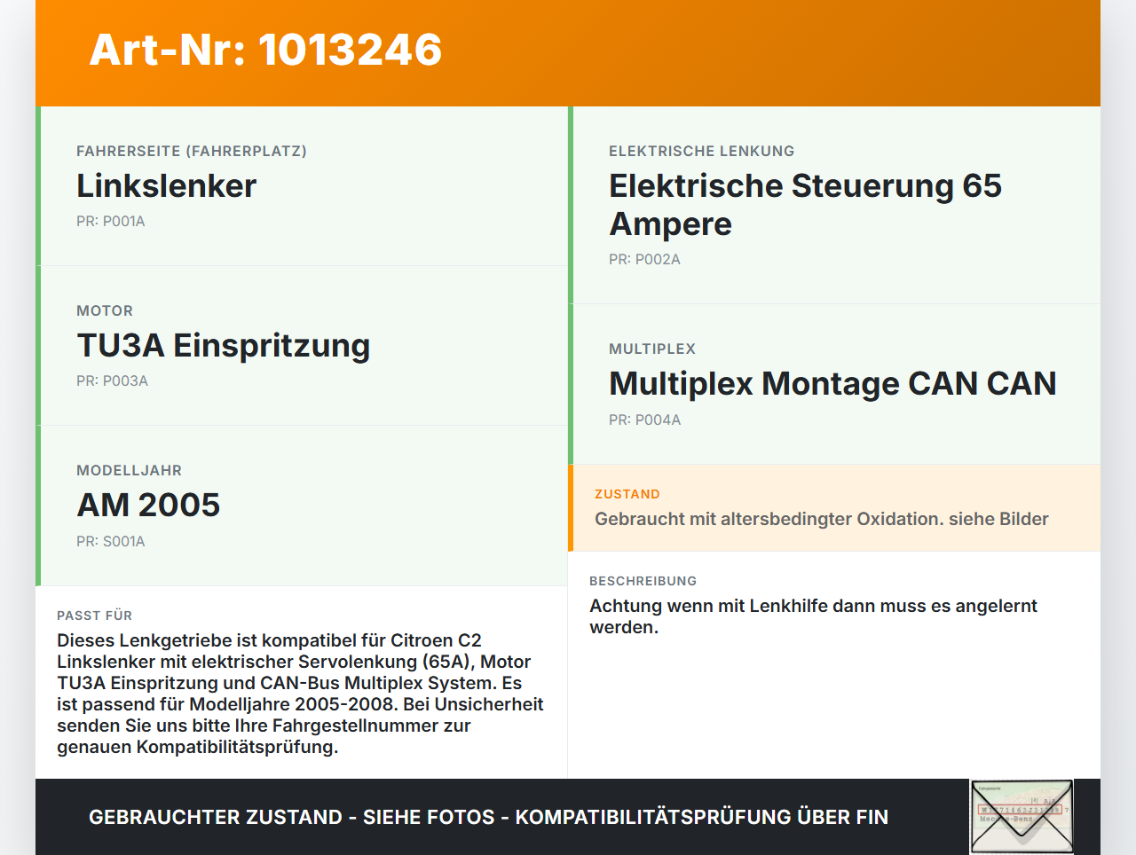 Citroen C2 JM 05-08 Lenkgetriebe Elektr. Servolenkung Lenkhilfe Citroen C2 JM 05-08 20.10.2006 4000TP gebraucht Vorschau 3