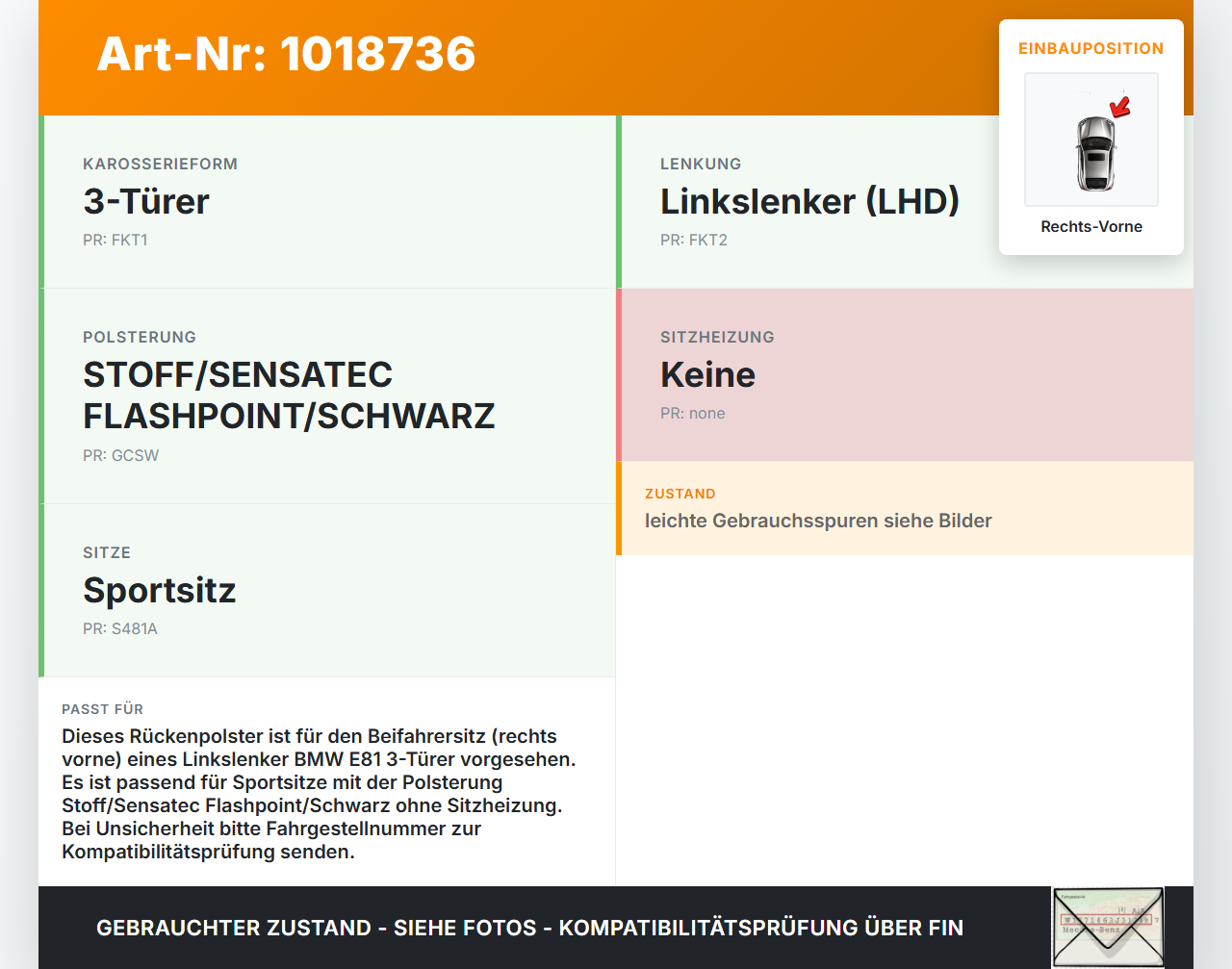BMW E81 1er 120d 07-12 3T Sitzbezug Rückenpolster Rechts Vorne für Beifahrer Sitz SRS BMW E81 1er 120d 07-12... Vorschau 3