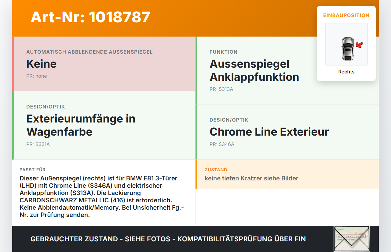 BMW E81 1er 120d 07-12 Spiegel Aussenspiegel Rechts Chrome Line Elektr. Klappbar 416 BMW E81 1er 120d 07-12... Vorschau 3