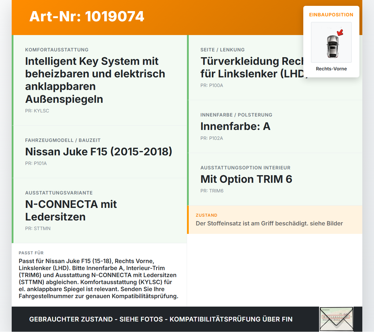 Nissan Juke F15 15-18 Türverkleidung Türpappe Rechts Vorne Nissan Juke F15 15-18 01.01.2017 gebraucht Vorschau 3