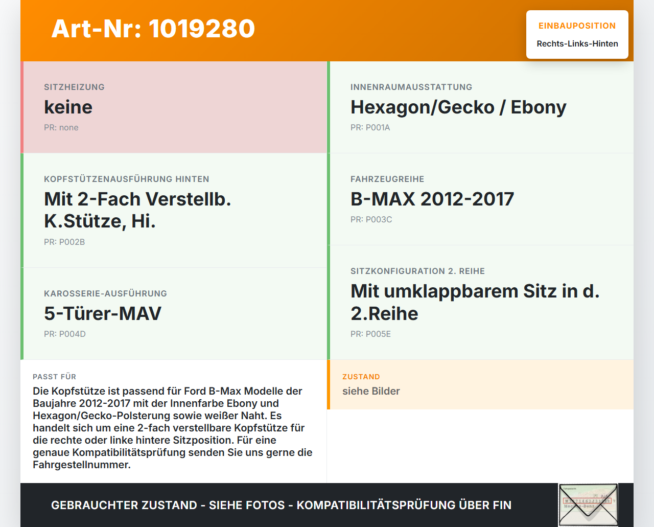 Ford B-Max 12-17 Kopfstütze Rechts oder Links Hinten weiße Naht Ford B-Max 12-17 21.03.2013 gebraucht Vorschau 3