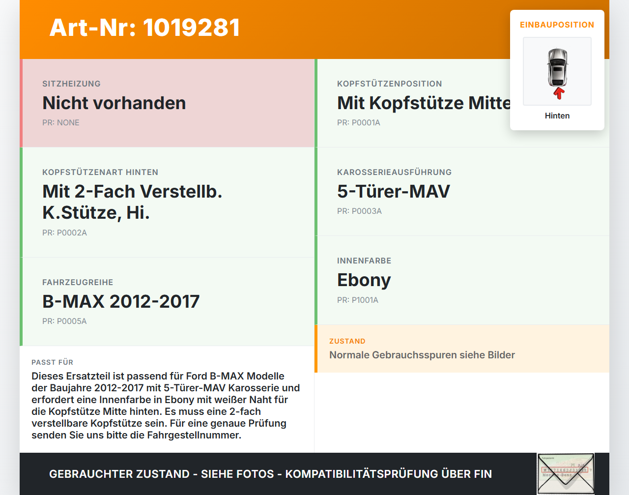 Ford B-Max 12-17 Kopfstütze Mitte Hinten weiße naht Ford B-Max 12-17 21.03.2013 gebraucht Vorschau 3
