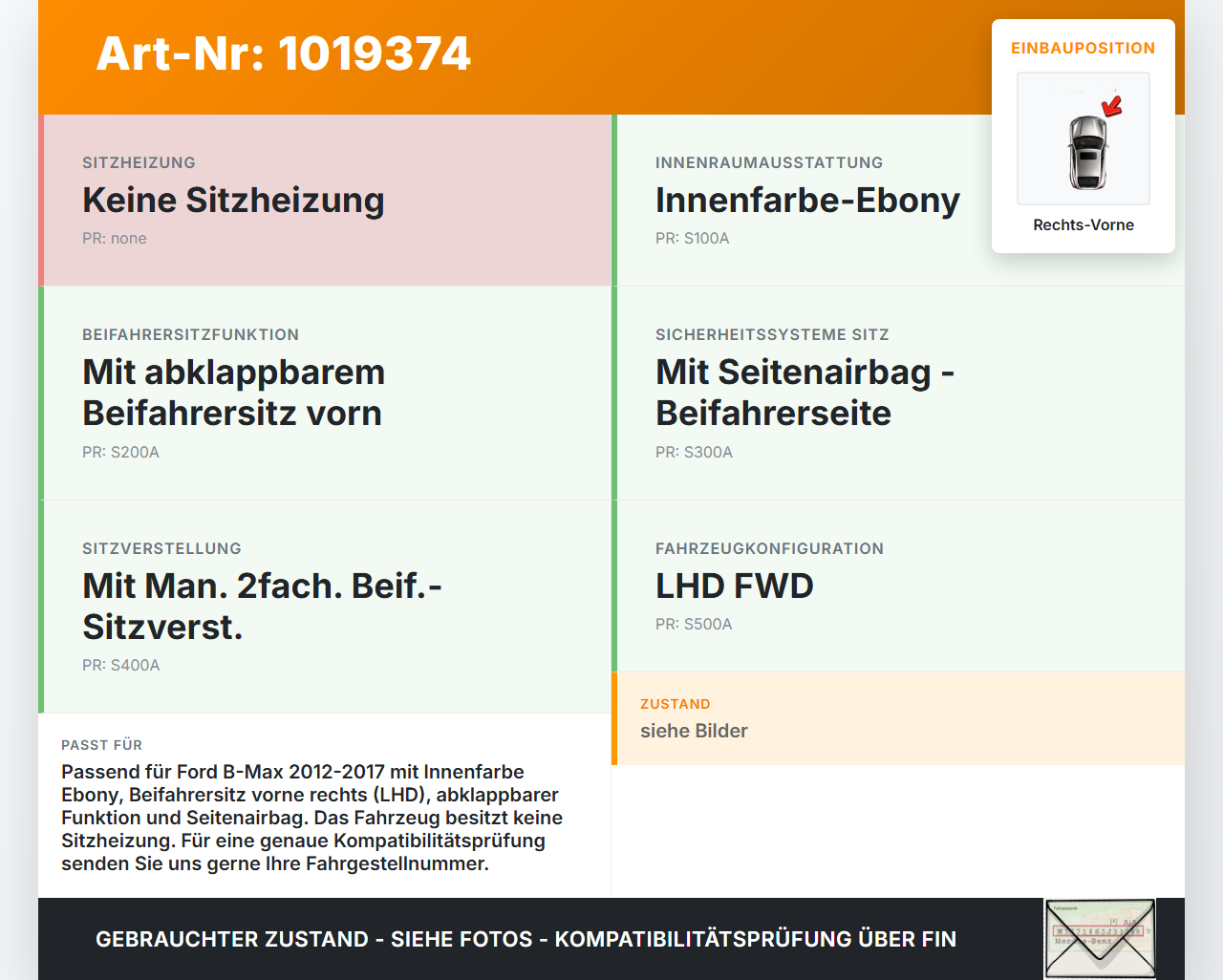 Ford B-Max 12-17 Sitzbezug Sitzpolster für Beifahrersitz Rechts Vorne Ford B-Max 12-17 21.03.2013 gebraucht Vorschau 3