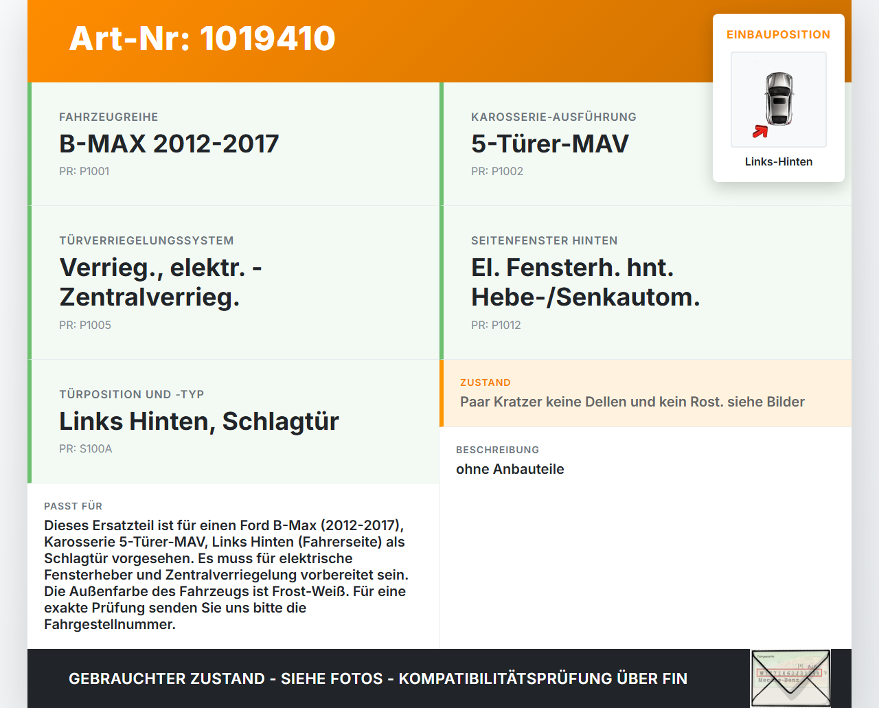 Ford B-Max 12-17 Tür Links Hinten DC Ford B-Max 12-17 21.03.2013 AV11-R24705-AC 2114177 gebraucht Vorschau 3