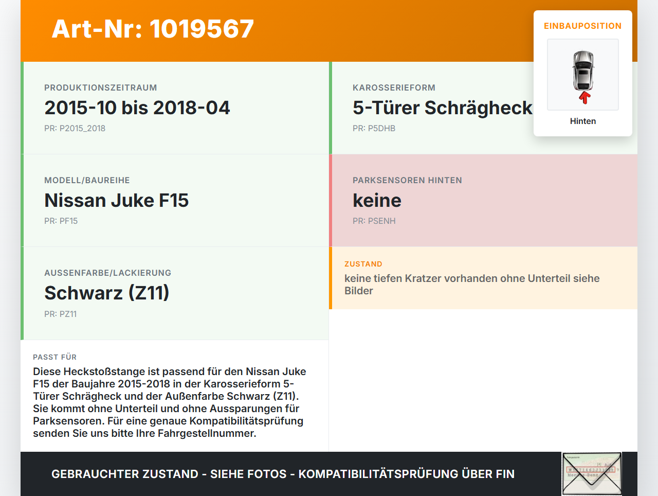 Nissan Juke F15 15-18 Stoßstange Stoßfänger Heckstosstange Hinten Z11 Nissan Juke F15 15-18 01.01.2017 85022BV81D... Vorschau 3