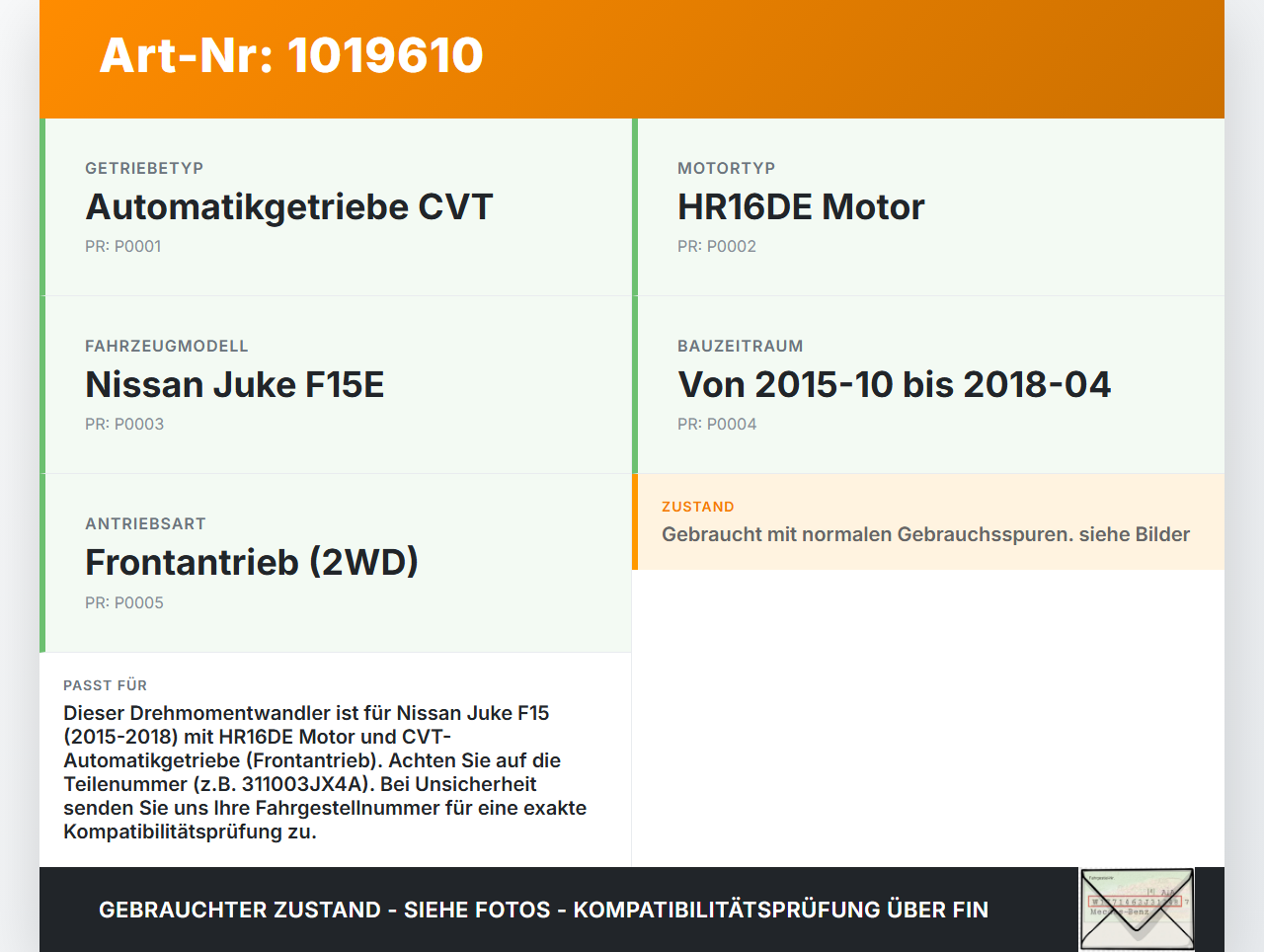 Nissan Juke F15 15-18 1,6i 86KW Autom Wandler Drehmomentwandler für Getriebe Nissan Juke F15 15-18 01.01.2017... Vorschau 3