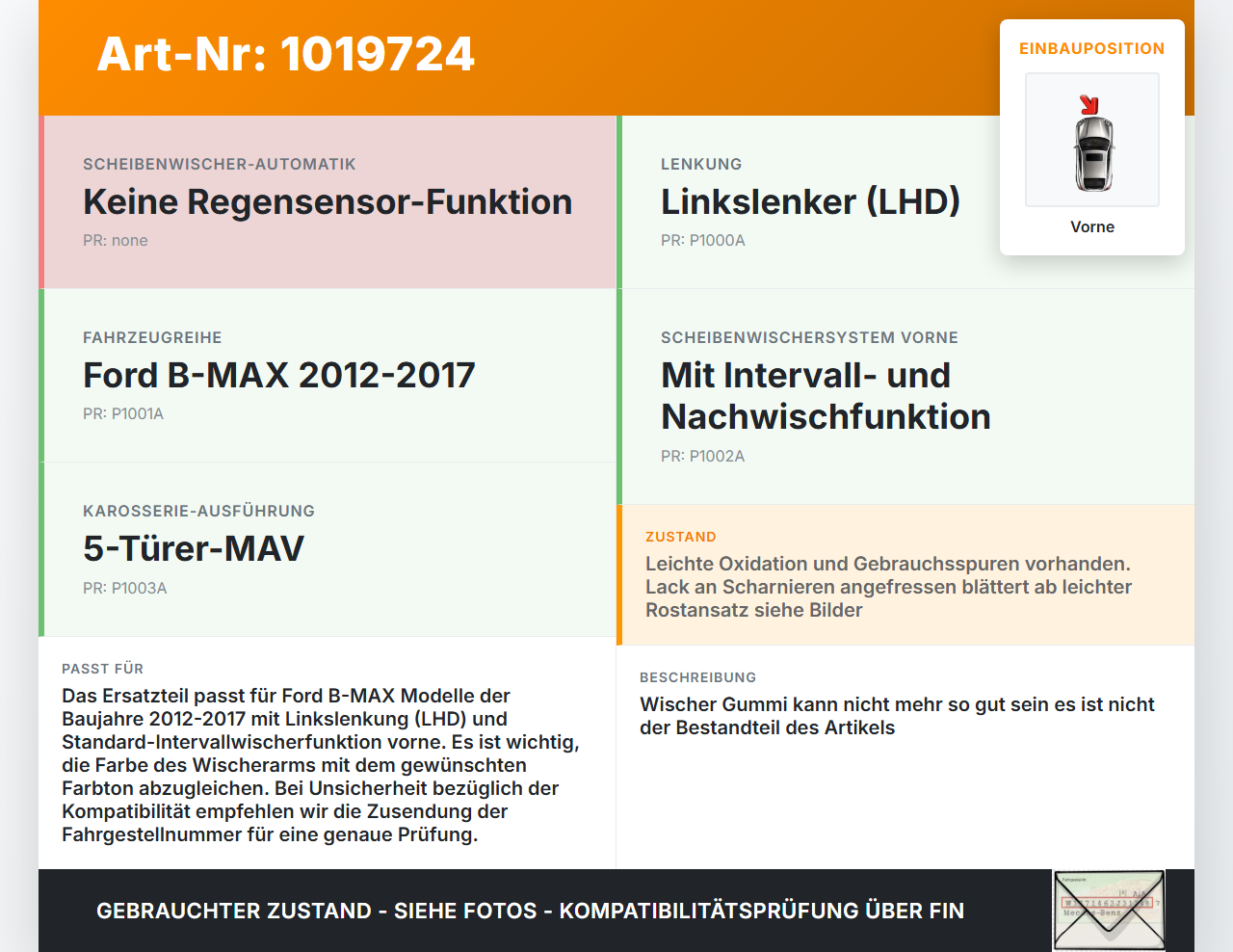 Ford B-Max 12-17 2x Scheibenwischer Wischarm Vorne Ford B-Max 12-17 21.03.2013 AV11-17526-AE gebraucht Vorschau 3
