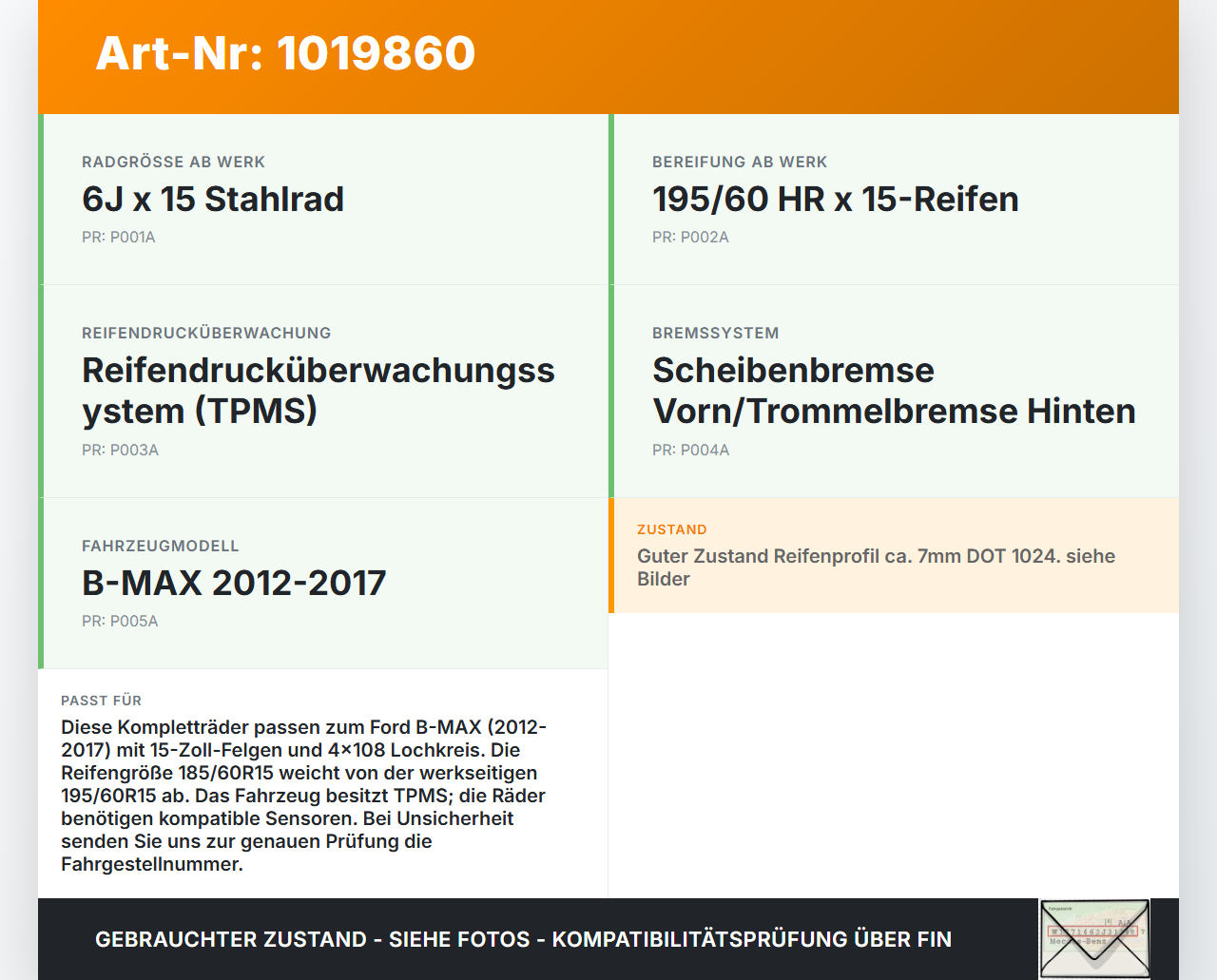 Ford B-Max 12-17 4 x Kompletträder Stahlfelge Sommerreifen 185/60R15 4X108 Ford B-Max 12-17 21.03.2013 AV11-1100-AA... Vorschau 3