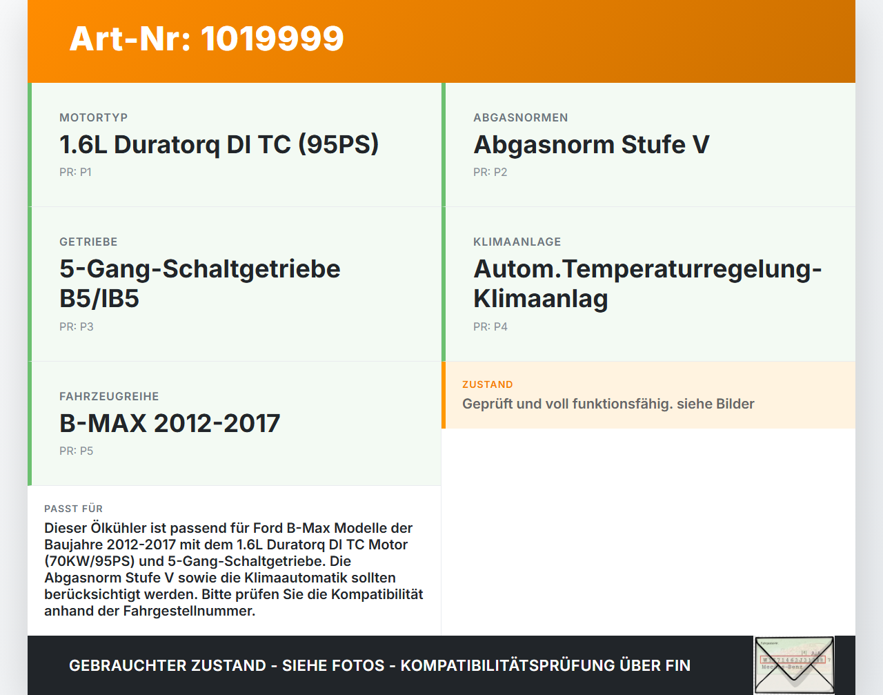 Ford B-Max 12-17 1,6 70KW Ölkühler Ford B-Max 12-17 21.03.2013 3M5Q-6A642-AA 1516998 gebraucht Vorschau 3