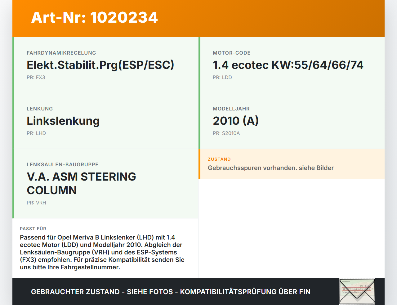 Opel Meriva B S10 10-13 Lenkungsteil Kreuzgelenk Opel Meriva B S10 10-13 22.03.2010 L4C0144U2 gebraucht Vorschau 3