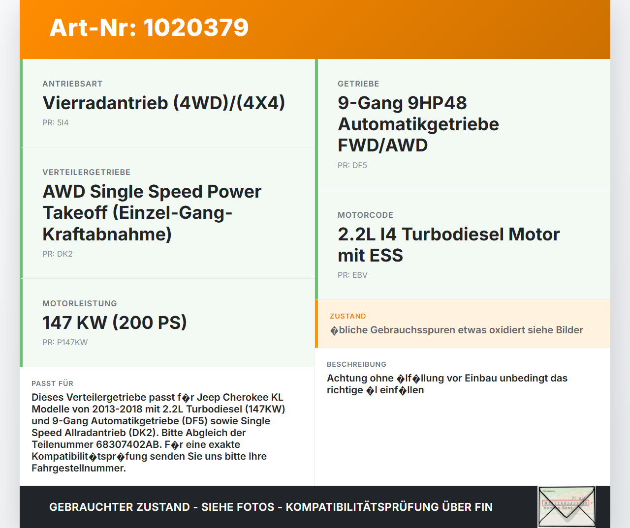 Jeep Cherokee KL 13-18 2,2d 147KW 4WD Verteilergetriebe Getriebe Jeep Cherokee KL 13-18 01.01.2017 68307402AB... Vorschau 3