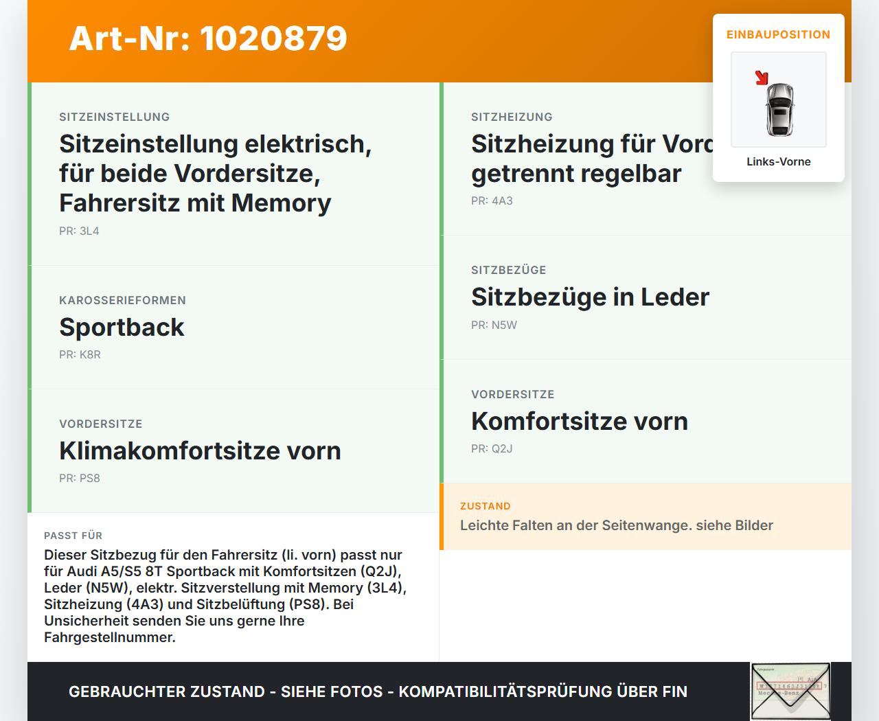Audi A5 8T 11-16 5T Leder Sitzbezug Rückenpolster Links Vorne für Fahrer Sitz beheizt belüftet Audi A5 8T 11-16... Vorschau 3