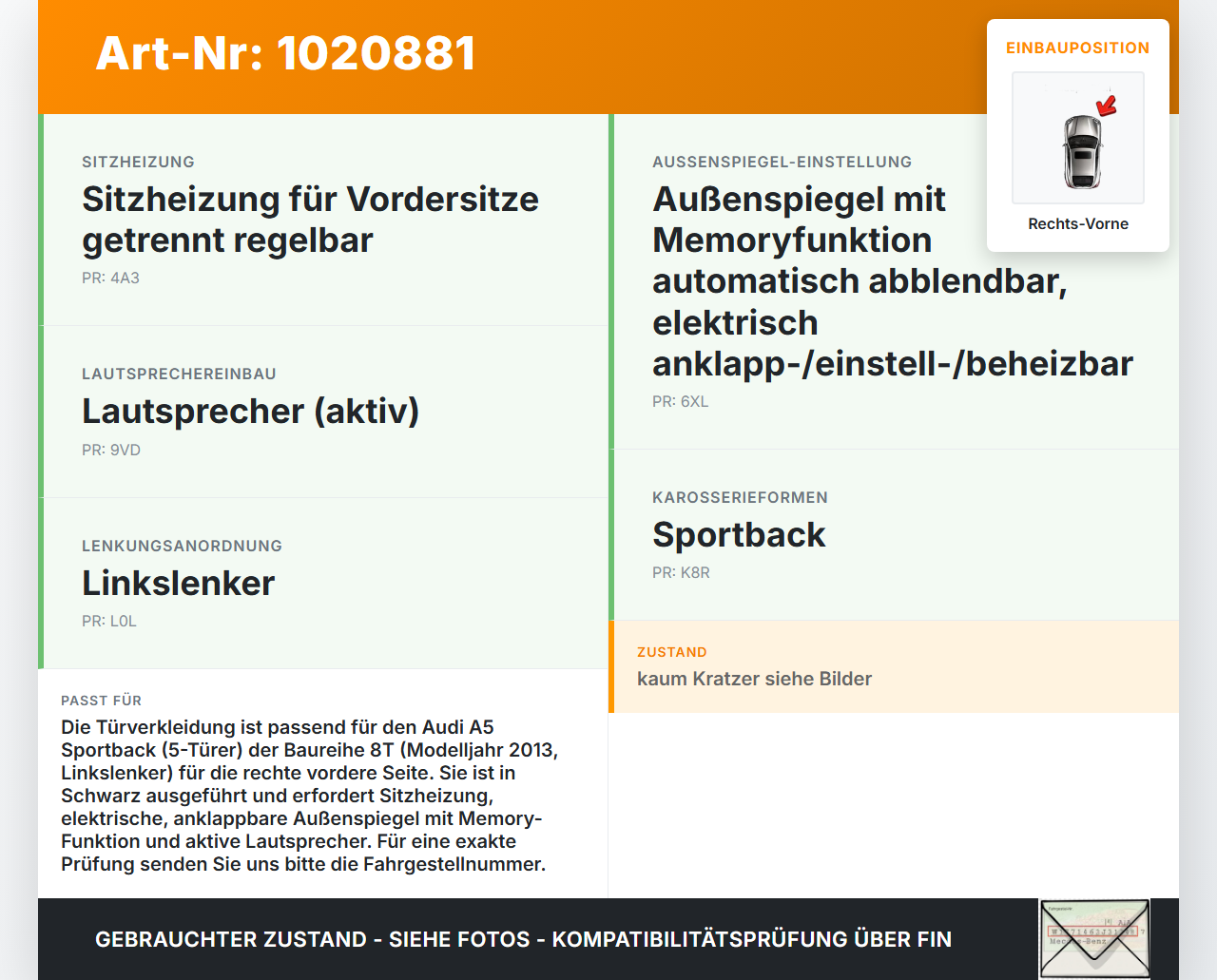 Audi A5 8T 11-16 5T Türverkleidung Türpappe Rechts Vorne Schwarz Audi A5 8T 11-16 04.04.2013 8T8867104F gebraucht Vorschau 3