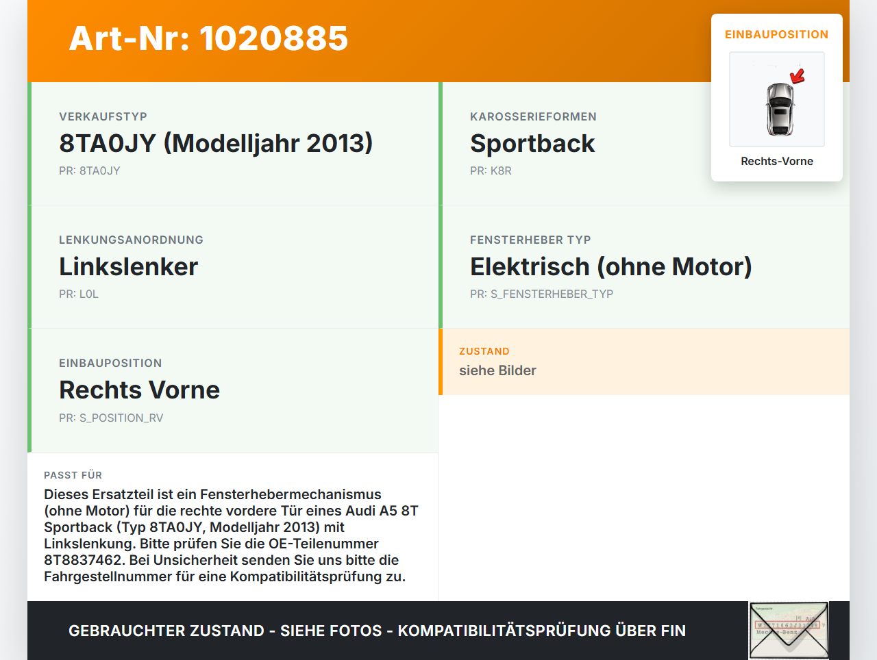 Audi A5 8T 11-16 5T Fensterheber o. FH-Motor Rechts Vorne Audi A5 8T 11-16 04.04.2013 8T8837462B 8T8837462... Vorschau 3