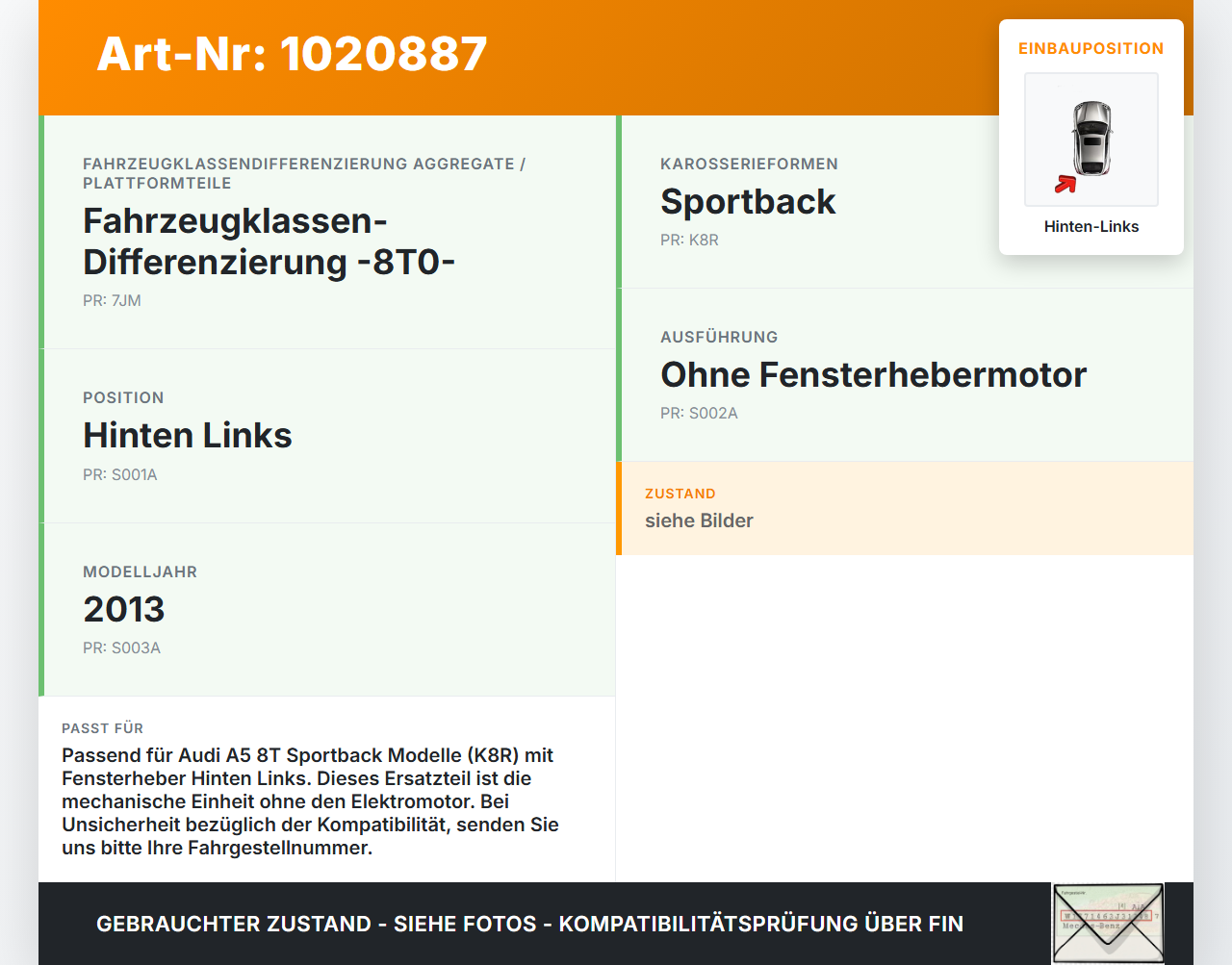 Audi A5 8T 11-16 5T Fensterheber o. FH-Motor Hinten Links Audi A5 8T 11-16 04.04.2013 8T8839461C 8T8839461... Vorschau 3
