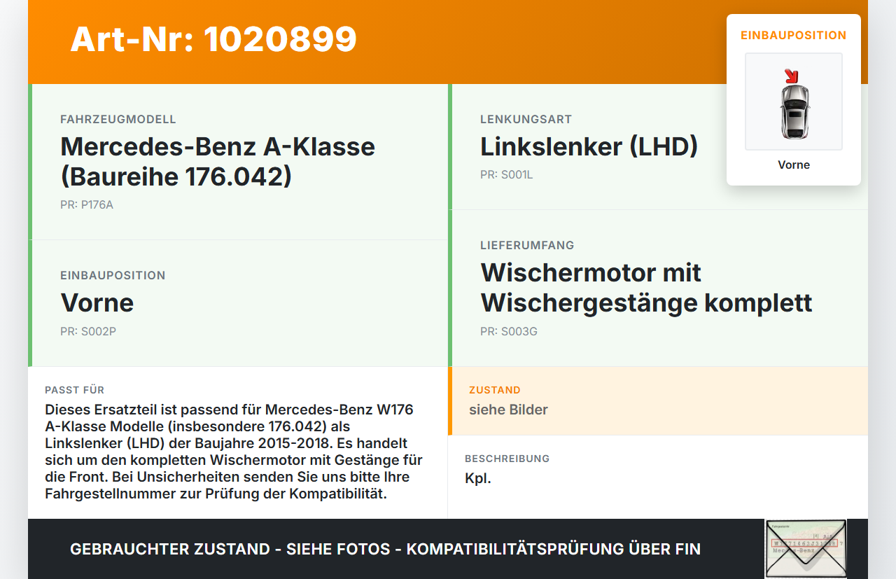 Mercedes W176 A180 15-18 Wischermotor m. Wischergestänge Vorne Mercedes W176 A180 15-18 19.10.2016 A1769061800... Vorschau 3