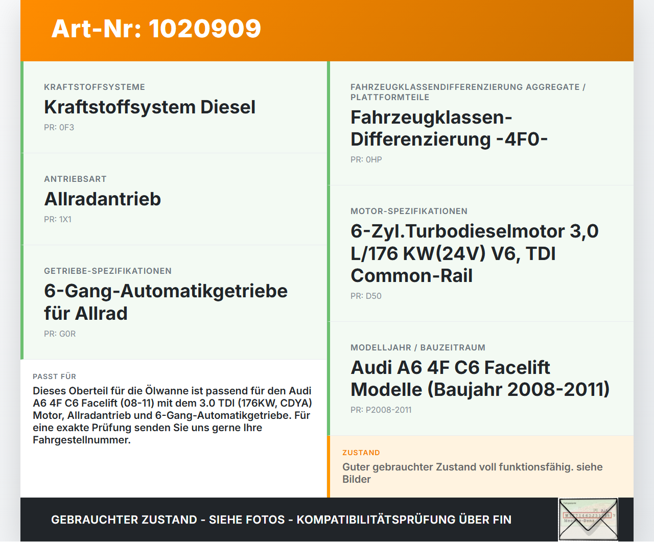 Audi A6 4F C6 08-11 TDI 3,0 176KW CDYA Oberteil für Ölwanne Motorwanne Audi A6 4F C6 08-11 10.03.2009 gebraucht Vorschau 3