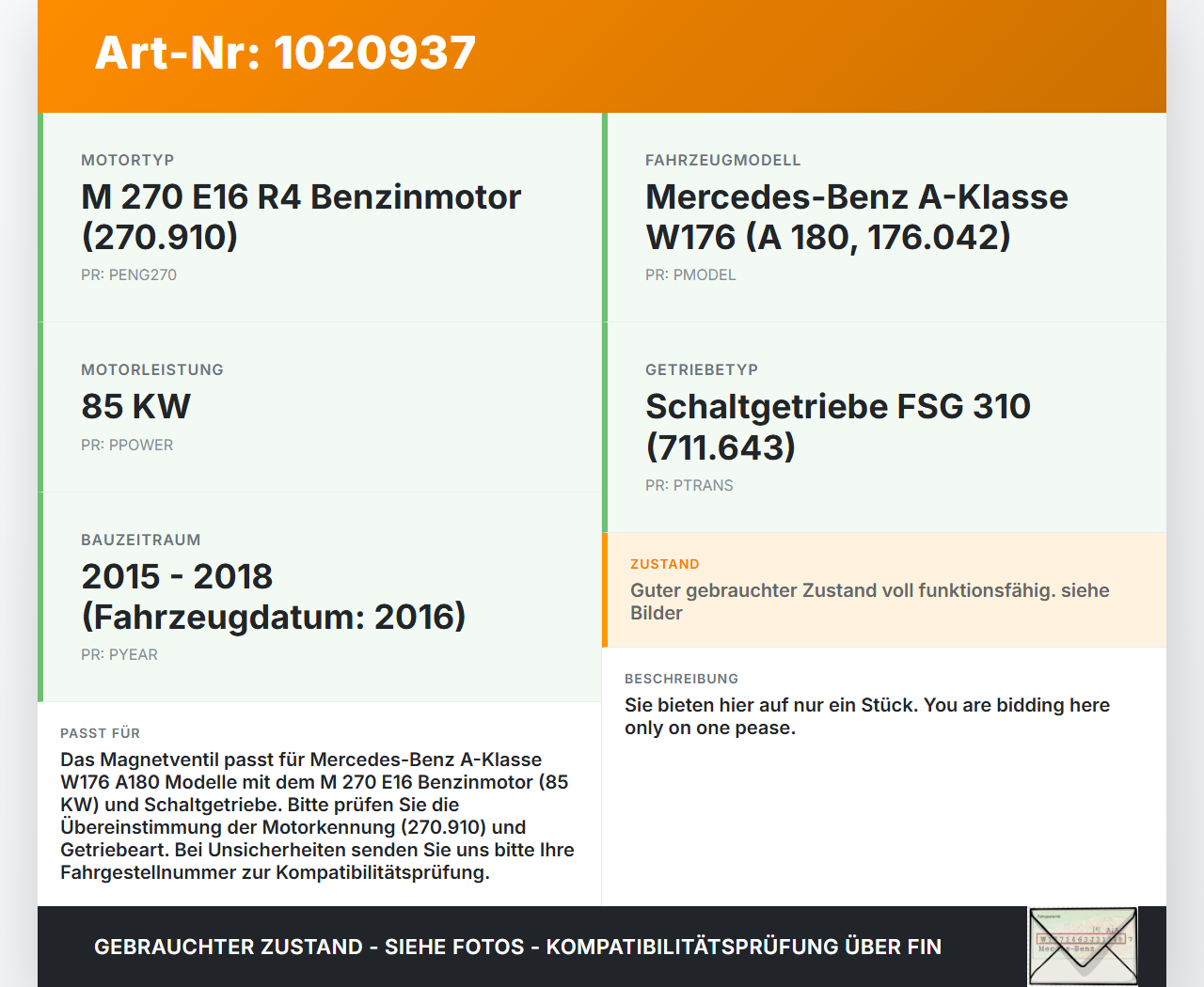 Mercedes W176 A180 15-18 1,6 85KW Magnetventil Mercedes W176 A180 15-18 19.10.2016 02168802 gebraucht Vorschau 3