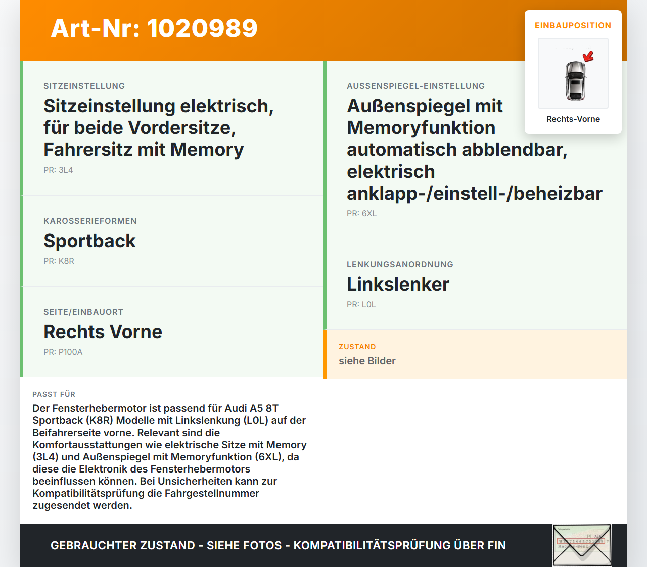 Audi A5 8T 11-16 5T Fensterhebermotor Rechts Vorne Audi A5 8T 11-16 04.04.2013 8T0959802B gebraucht Vorschau 3