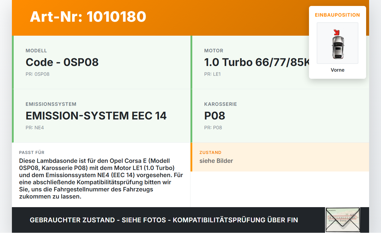 Opel Corsa E X15 14-19 1,0 85KW Lambdasonde Vorne Opel Corsa E X15 14-19 25.02.2015 12010903 18500596 gebraucht Vorschau 3