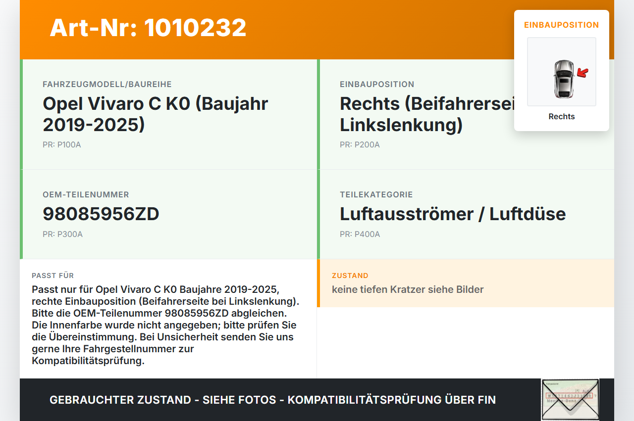 Opel Vivaro C K0 19-25 Luftdusche Luftdüse Rechts Opel Vivaro C K0 19-25 19.08.2020 98085956ZD gebraucht Vorschau 3