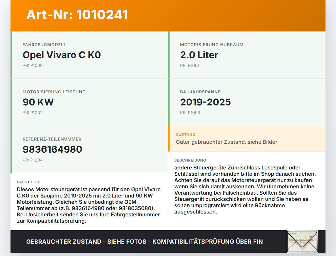 Opel Vivaro C K0 19-25 2,0 90KW Steuergerät ECU für Motor Motorsteuergerät Opel Vivaro C K0 19-25 19.08.2020... Vorschau 3