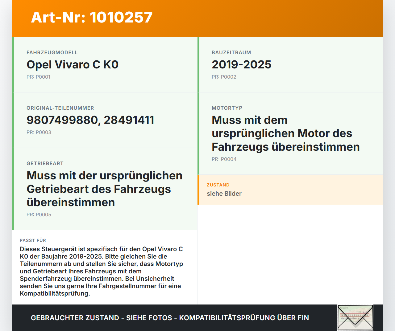 Opel Vivaro C K0 19-25 Steuergerät ECU Modul SG Opel Vivaro C K0 19-25 19.08.2020 9807499880 28491411 gebraucht Vorschau 3