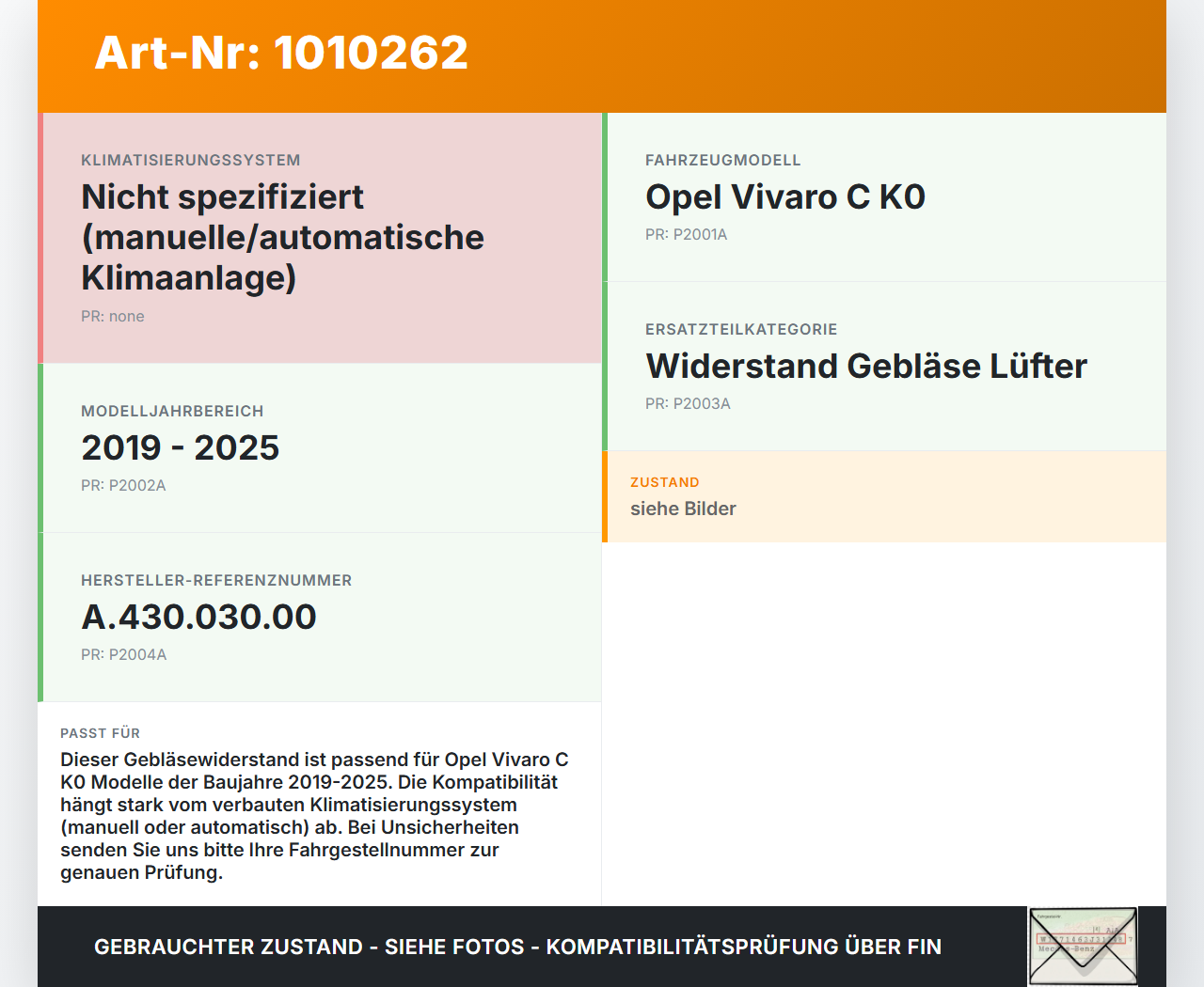 Opel Vivaro C K0 19-25 Widerstand Gebläse Lüfter Opel Vivaro C K0 19-25 19.08.2020 A.430.030.00 gebraucht Vorschau 3