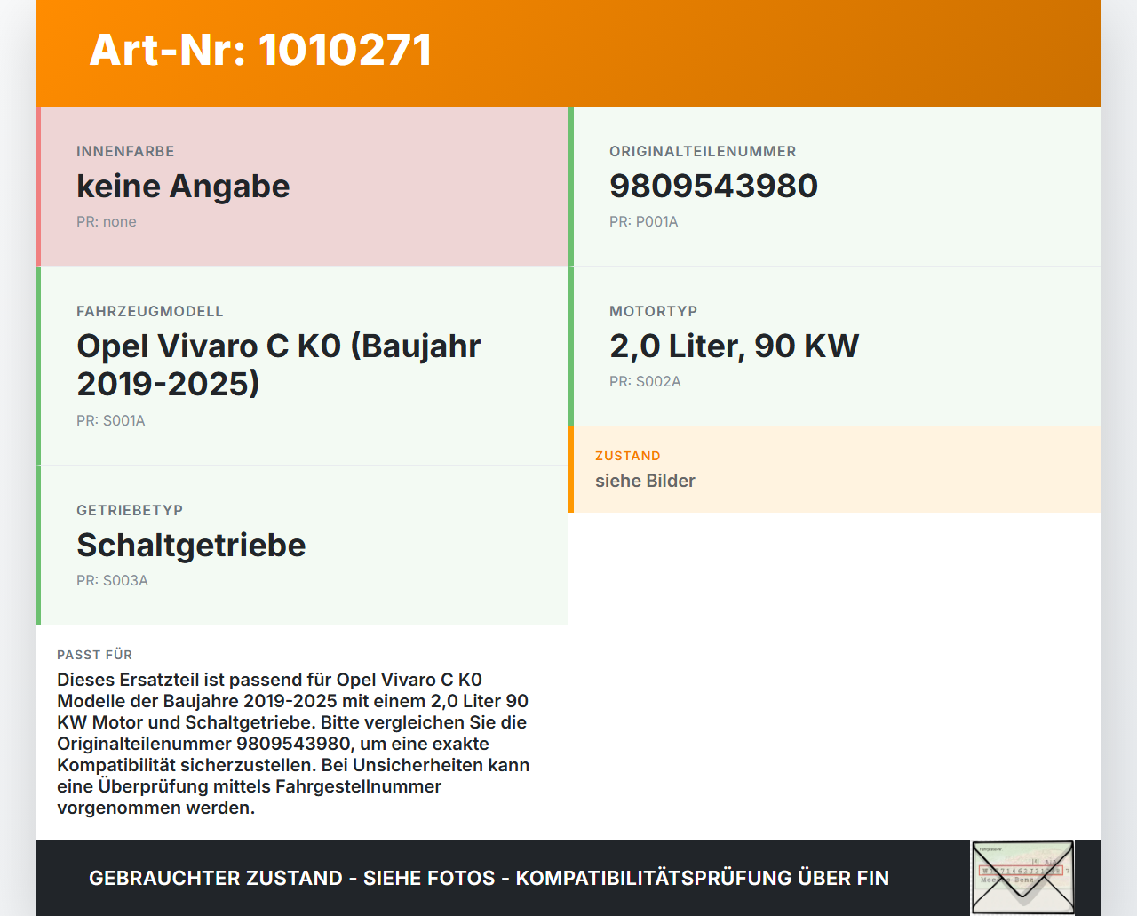 Opel Vivaro C K0 19-25 2,0 90KW Schaltkulisse Schalthebel Opel Vivaro C K0 19-25 19.08.2020 9809543980 gebraucht Vorschau 3